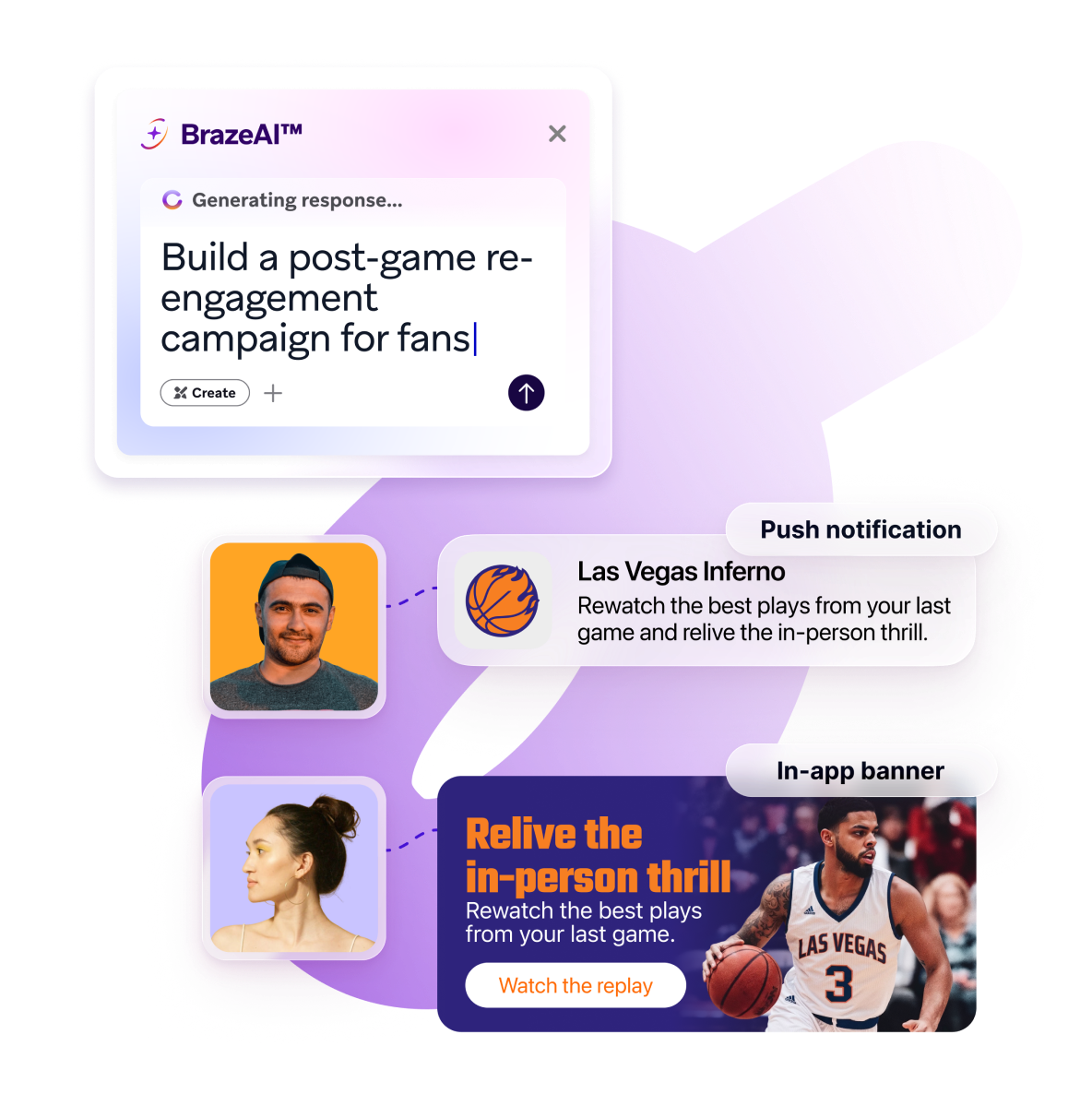 Screenshot of a BrazeAI assistant panel building a game-day fan engagement campaign