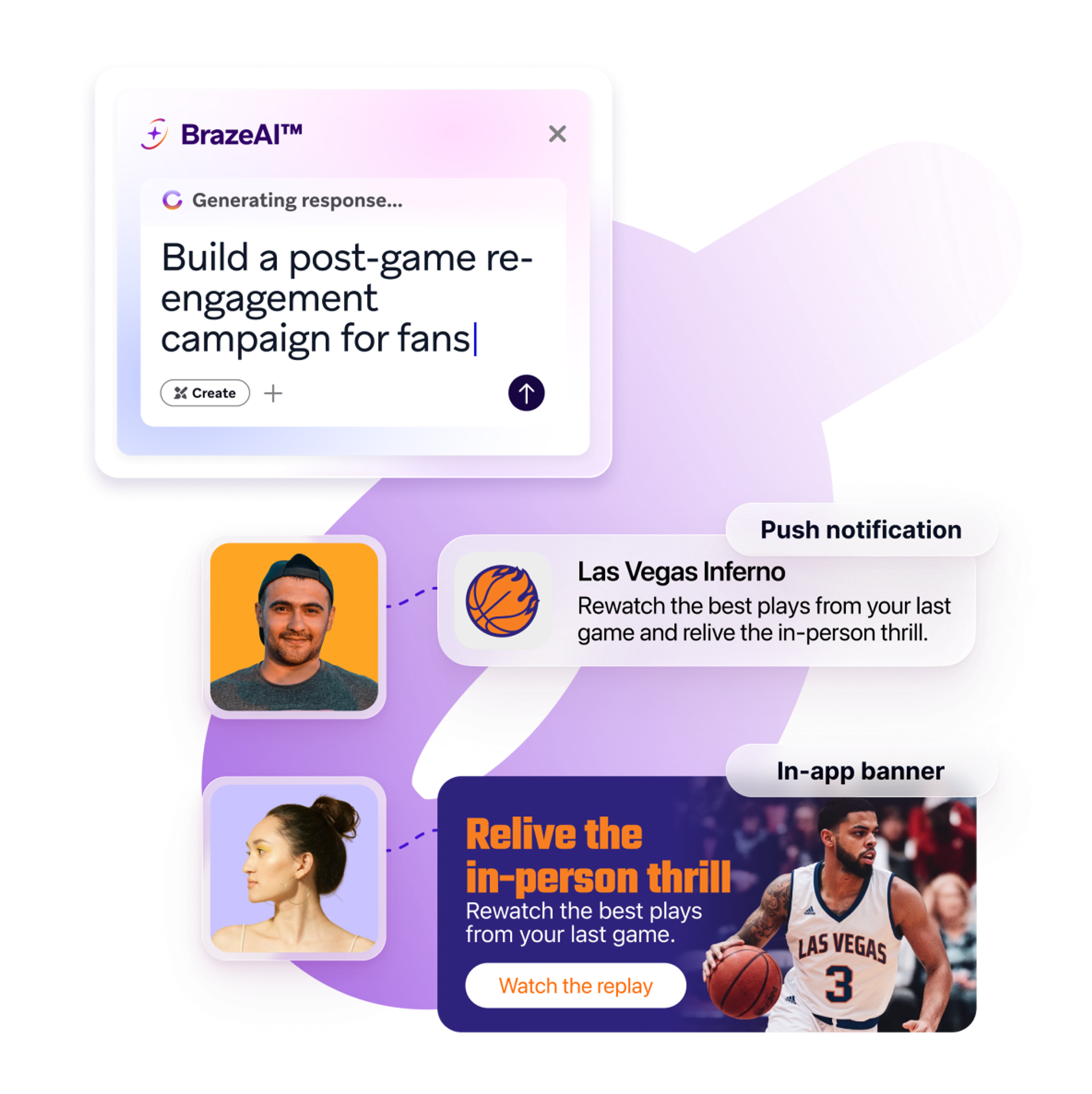 Screenshot of a BrazeAI assistant panel building a game-day fan engagement campaign