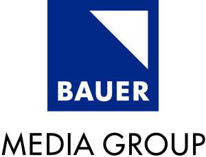 Logo of Bauer Media Group featuring a blue square with a white triangle and the text "BAUER MEDIA GROUP" below it.
