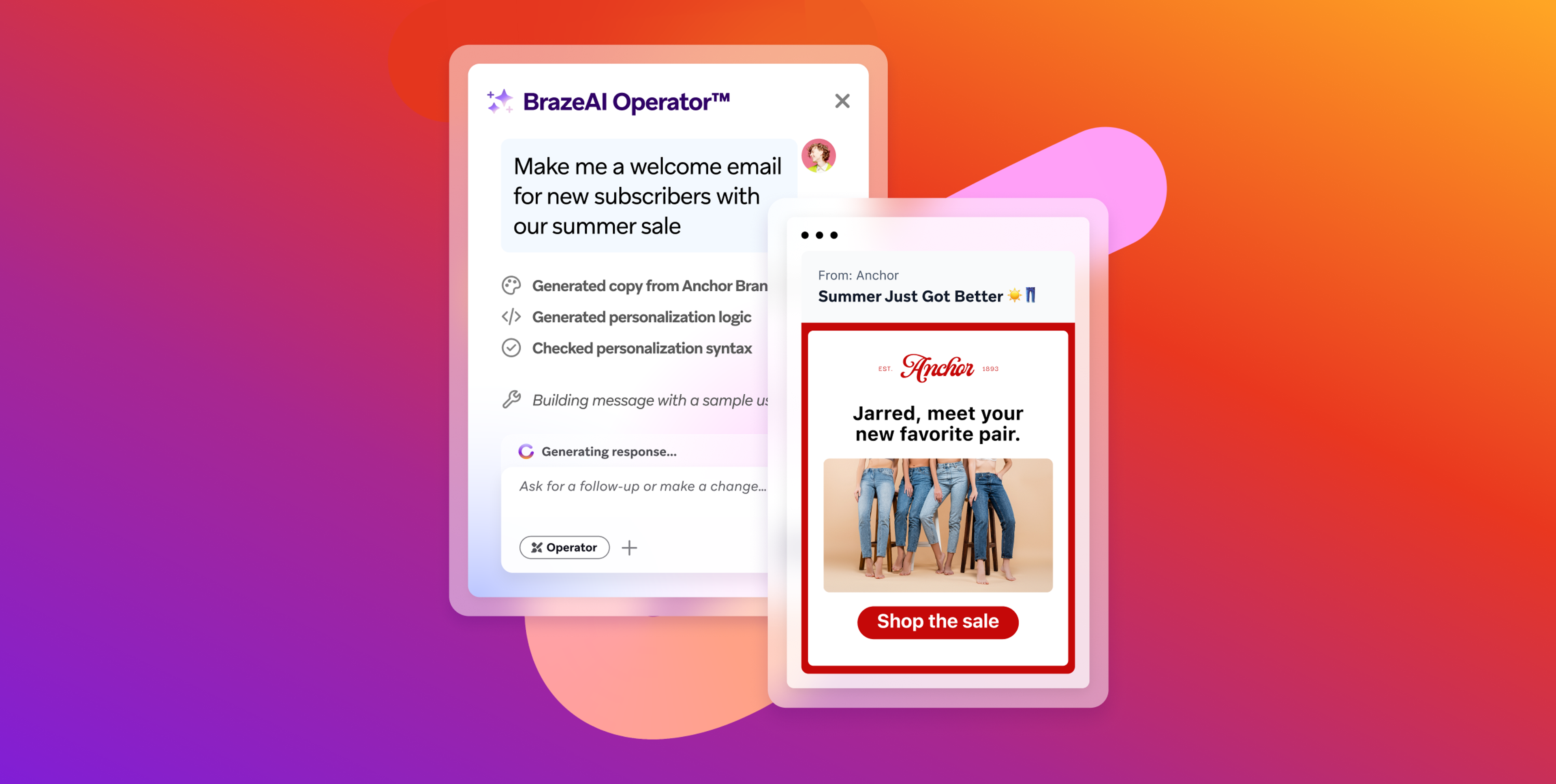 BrazeAI Operator interface generating a welcome email, displayed next to a preview of the personalized email featuring jeans and a 'Shop the sale' button.