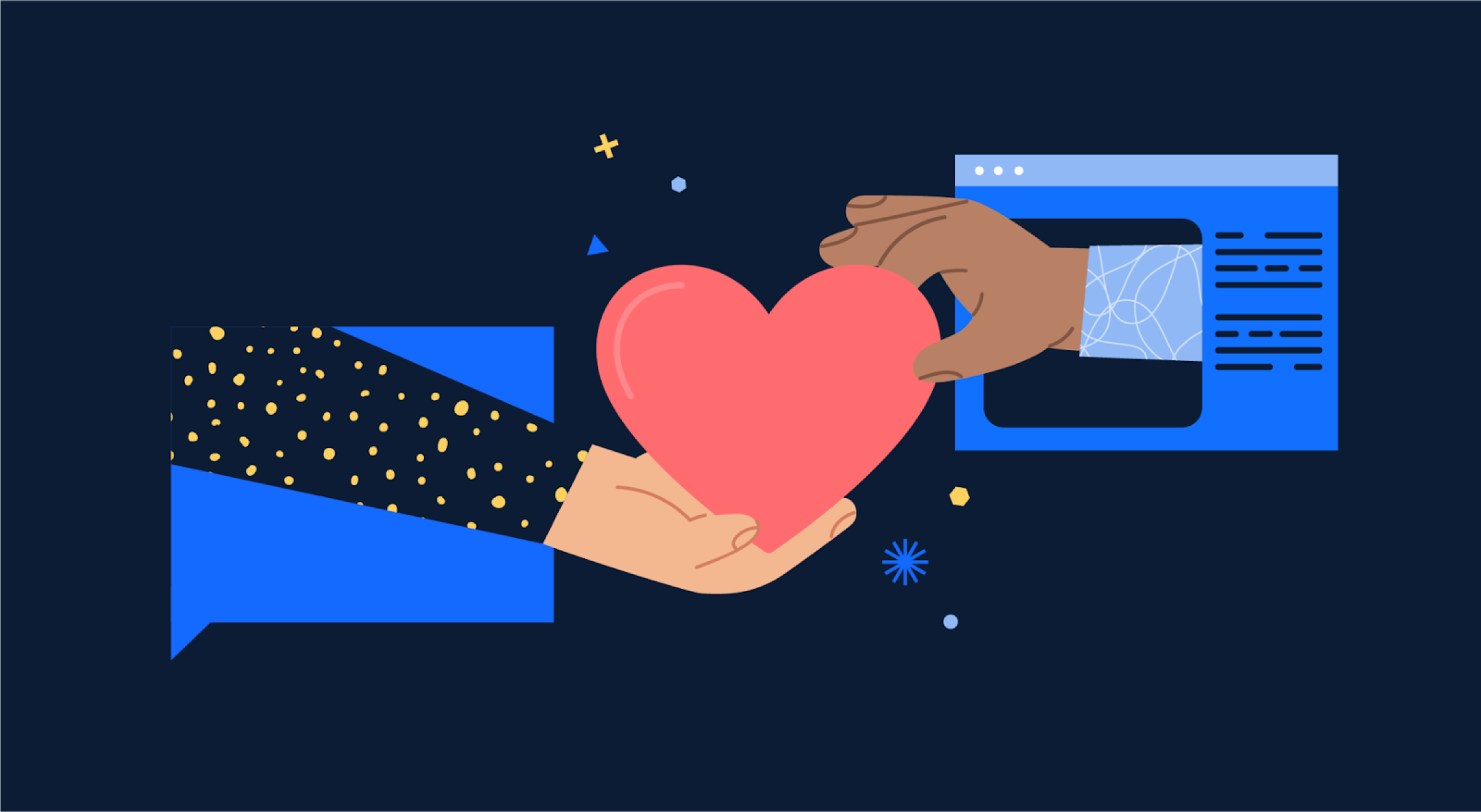 An illustration of two hands, one holding a pink heart and the other reaching towards it, set against a dark background with abstract shapes.