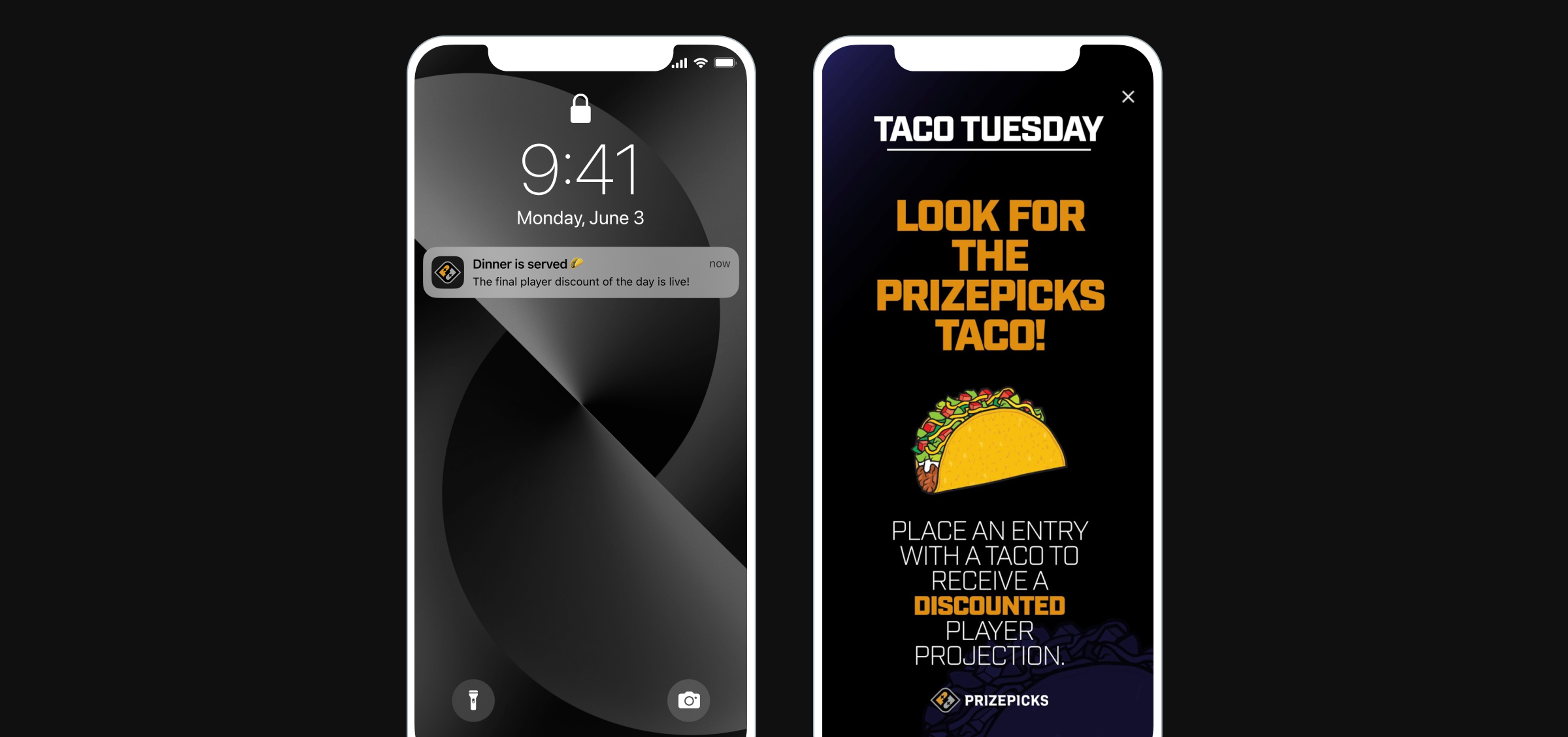 A smartphone screen displaying the time 9:41 and a notification about a player discount. The second screen promotes Taco Tuesday with a taco graphic and instructions for a discount on player projections.