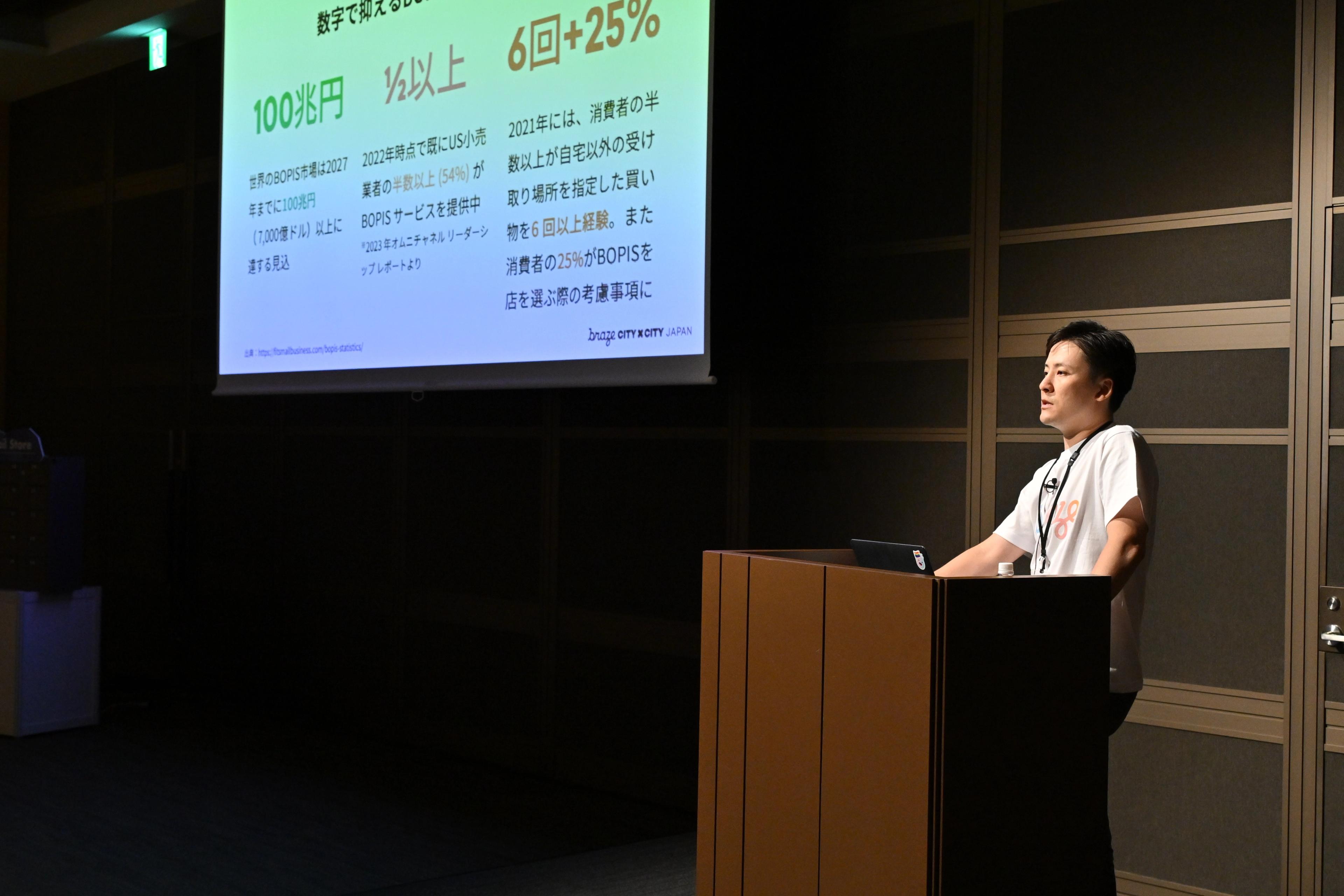 プレゼンテーションを行っている男性が、スライドを背景に立っています。スライドには数値や統計が表示されています。