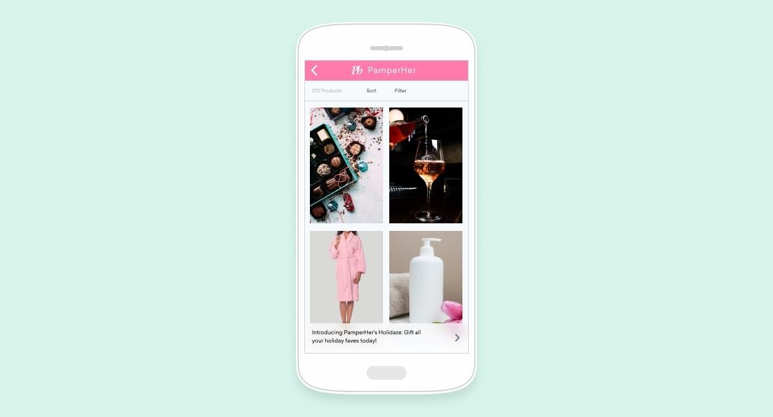 A smartphone screen displaying a shopping app with images of beauty products, a cocktail, and a pink robe. The app features options to sort and filter products.