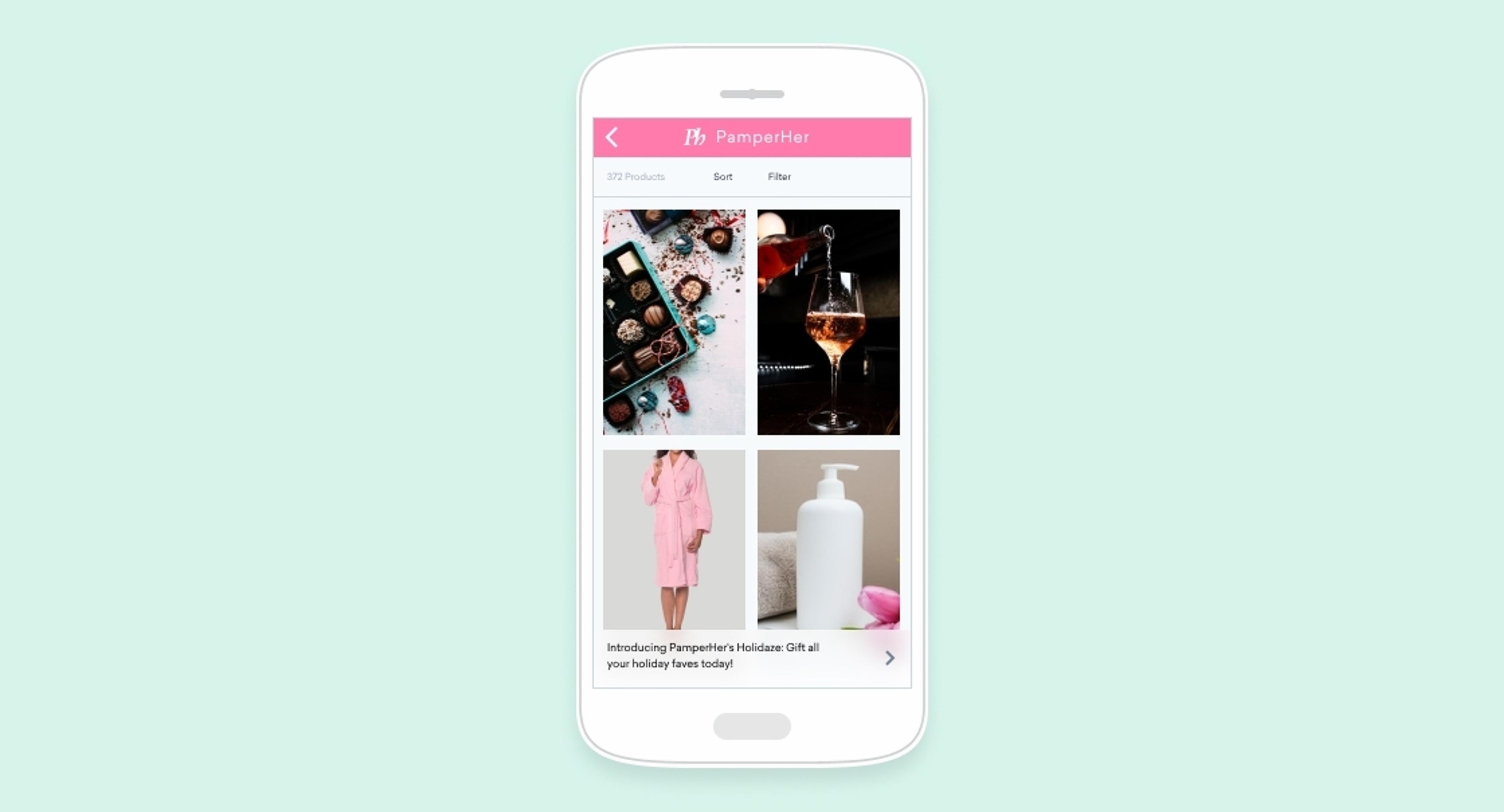 A smartphone screen displaying a shopping app with images of beauty products, a cocktail, and a pink robe. The app features options to sort and filter products.