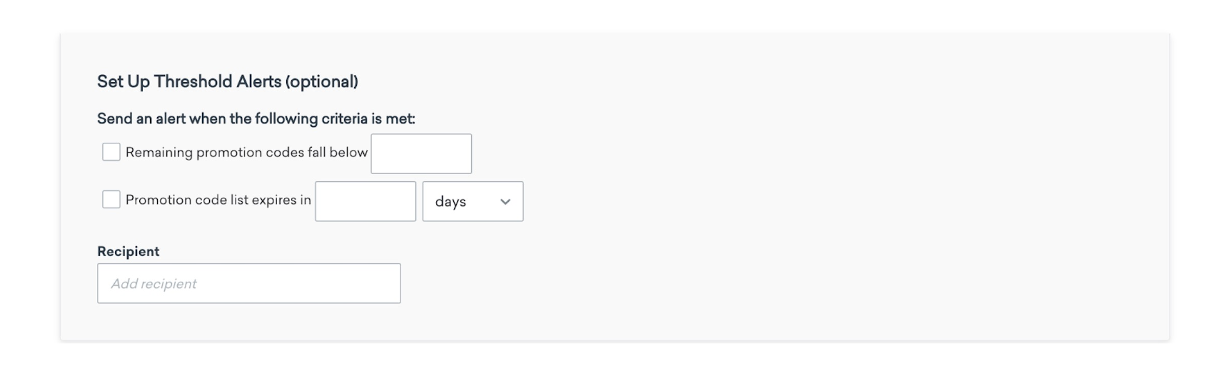 A form for setting up threshold alerts with fields for promotion codes and expiration days. There is also a section to add a recipient.