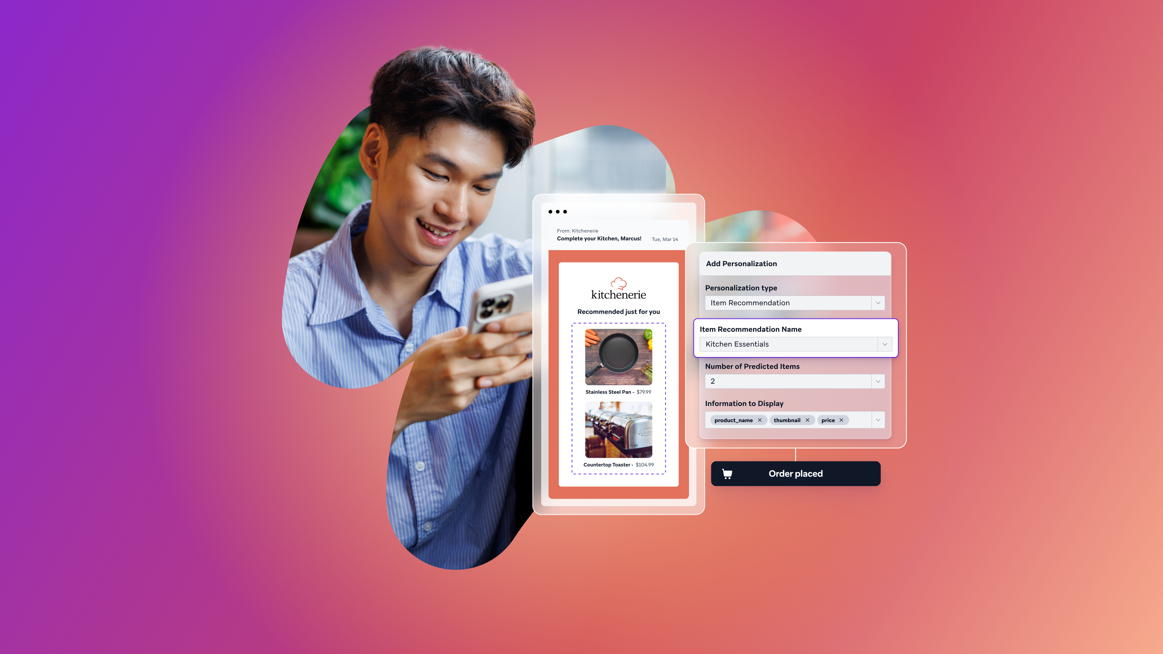 A smiling man holds a smartphone displaying kitchen product recommendations, with translucent screens showing personalization settings and an order confirmation.