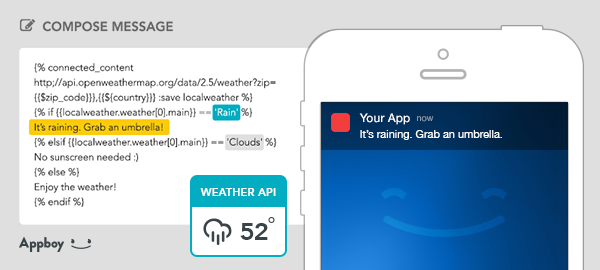 A weather notification on a smartphone screen indicating it's raining and suggesting to grab an umbrella. The temperature displayed is 52°F.