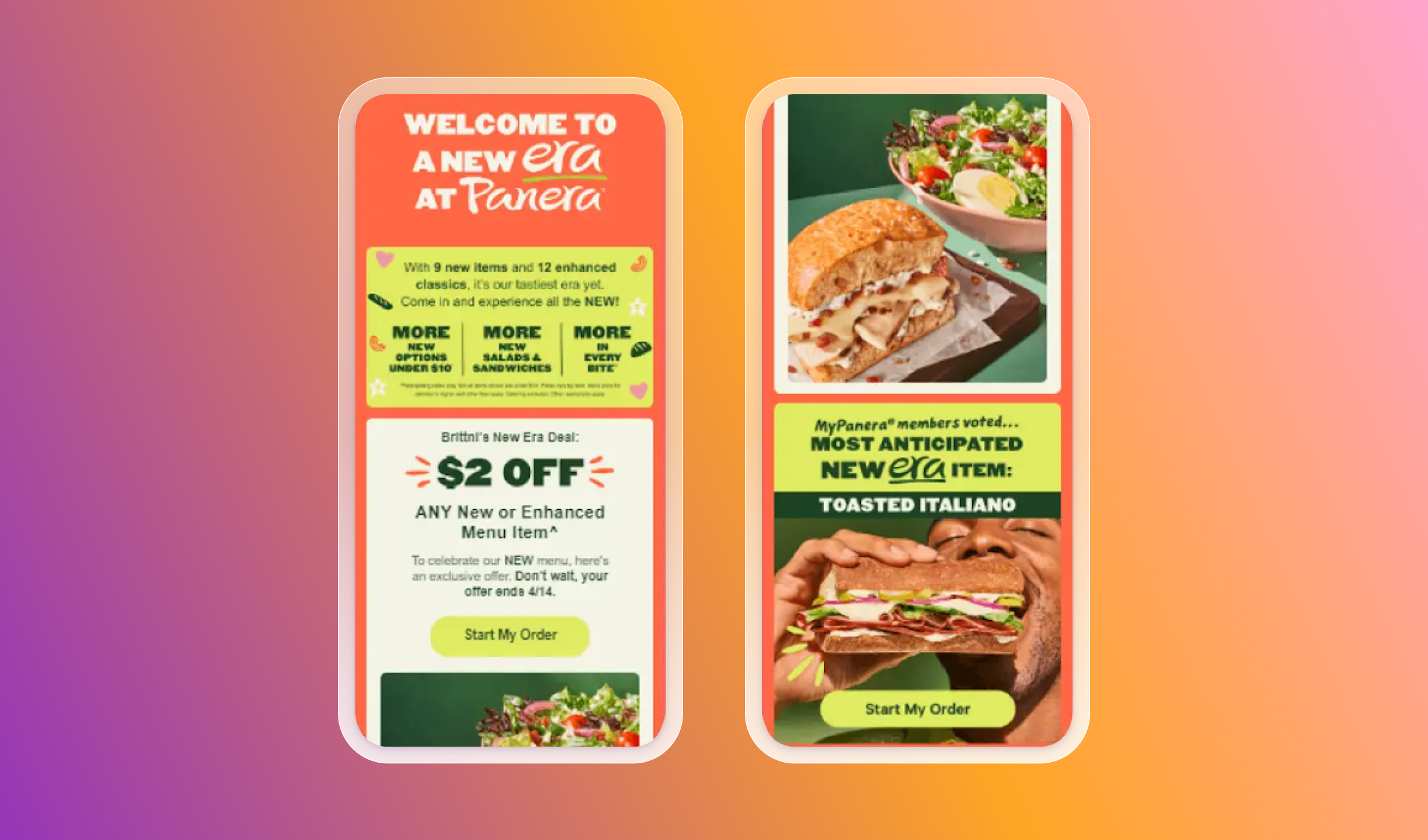 Two mobile phone screens displaying Panera Bread's "New Era" menu promotions, including a $2 off deal and new items like the Toasted Italiano sandwich.