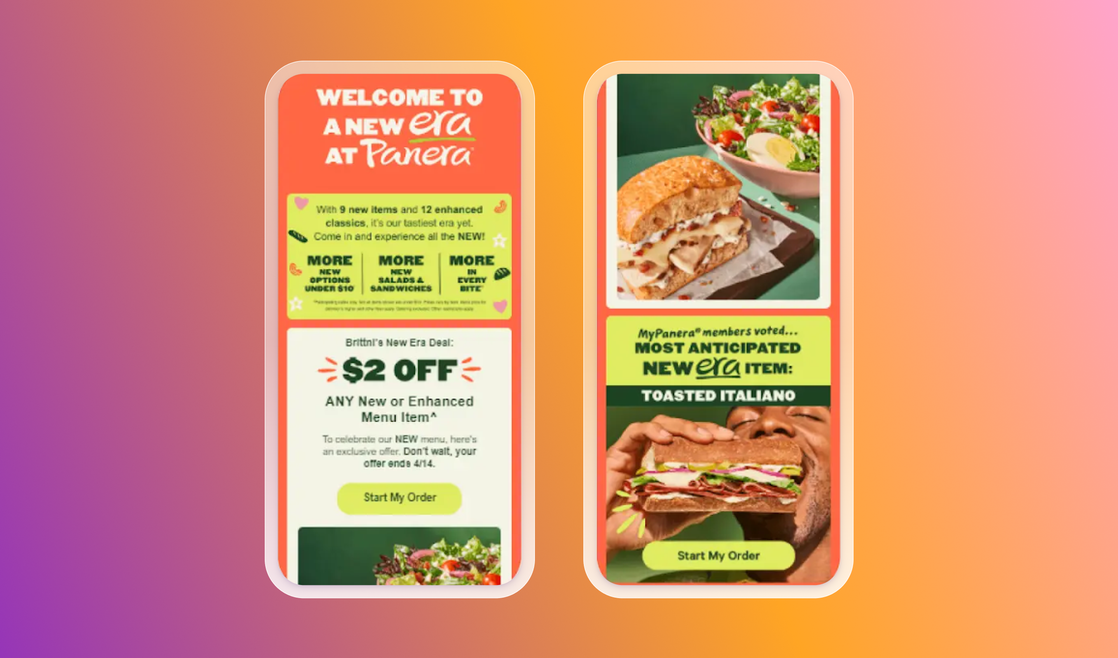 Two mobile phone screens displaying Panera Bread's "New Era" menu promotions, including a $2 off deal and new items like the Toasted Italiano sandwich.