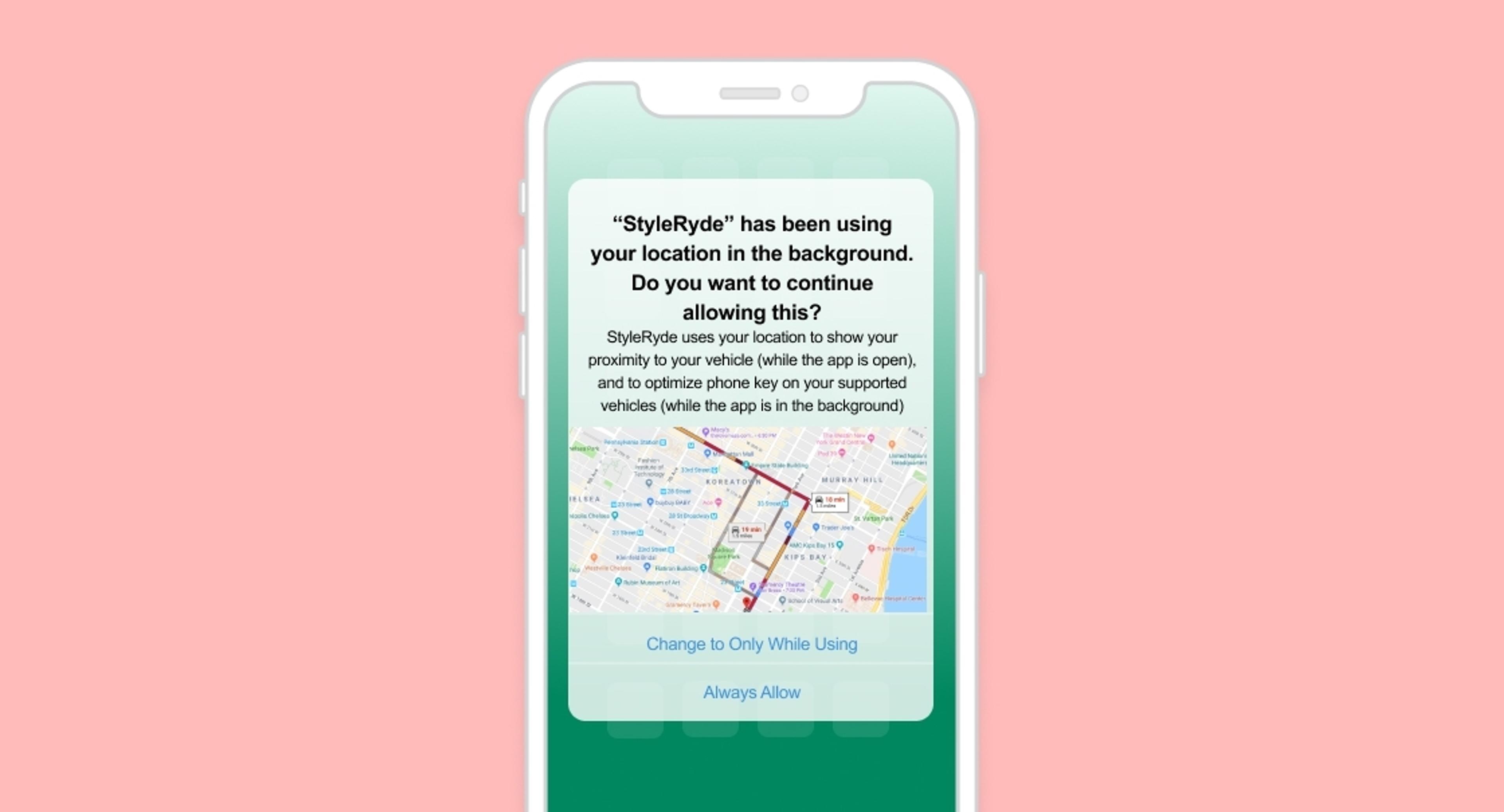 A smartphone screen displaying a location permission prompt for the "StyleRyde" app, asking if the user wants to continue allowing location access in the background. The background shows a map with a highlighted route.