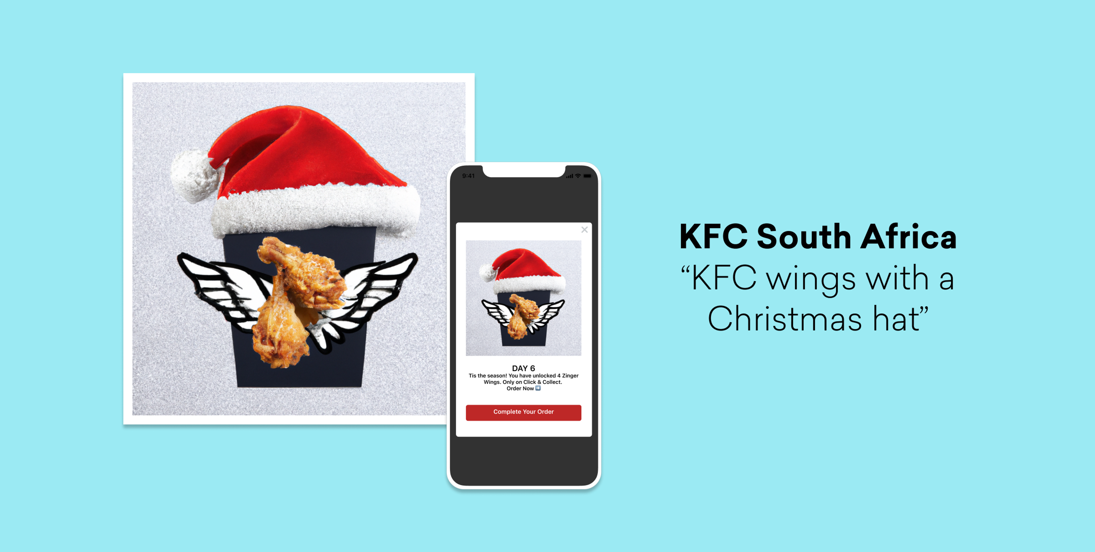 クリスマス帽をかぶったKFCのウィングが描かれた画像。スマートフォンでの注文画面も表示されています。