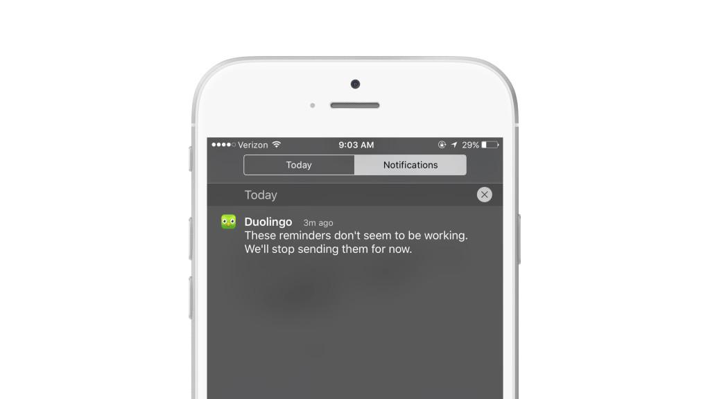 A smartphone screen displaying a notification from Duolingo stating that reminders are not working and will be stopped for now.
