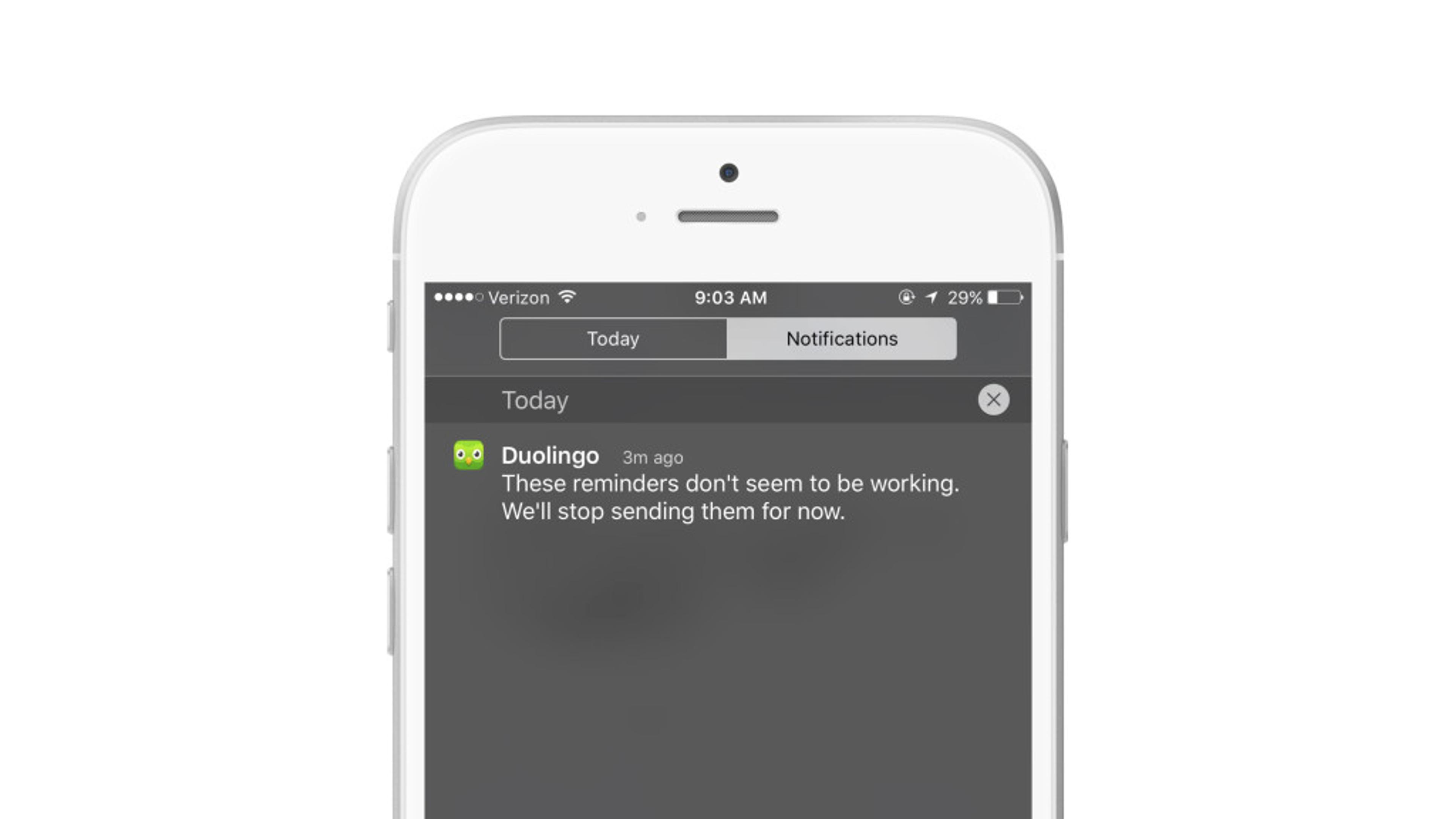 A smartphone screen displaying a notification from Duolingo stating that reminders are not working and will be stopped for now.