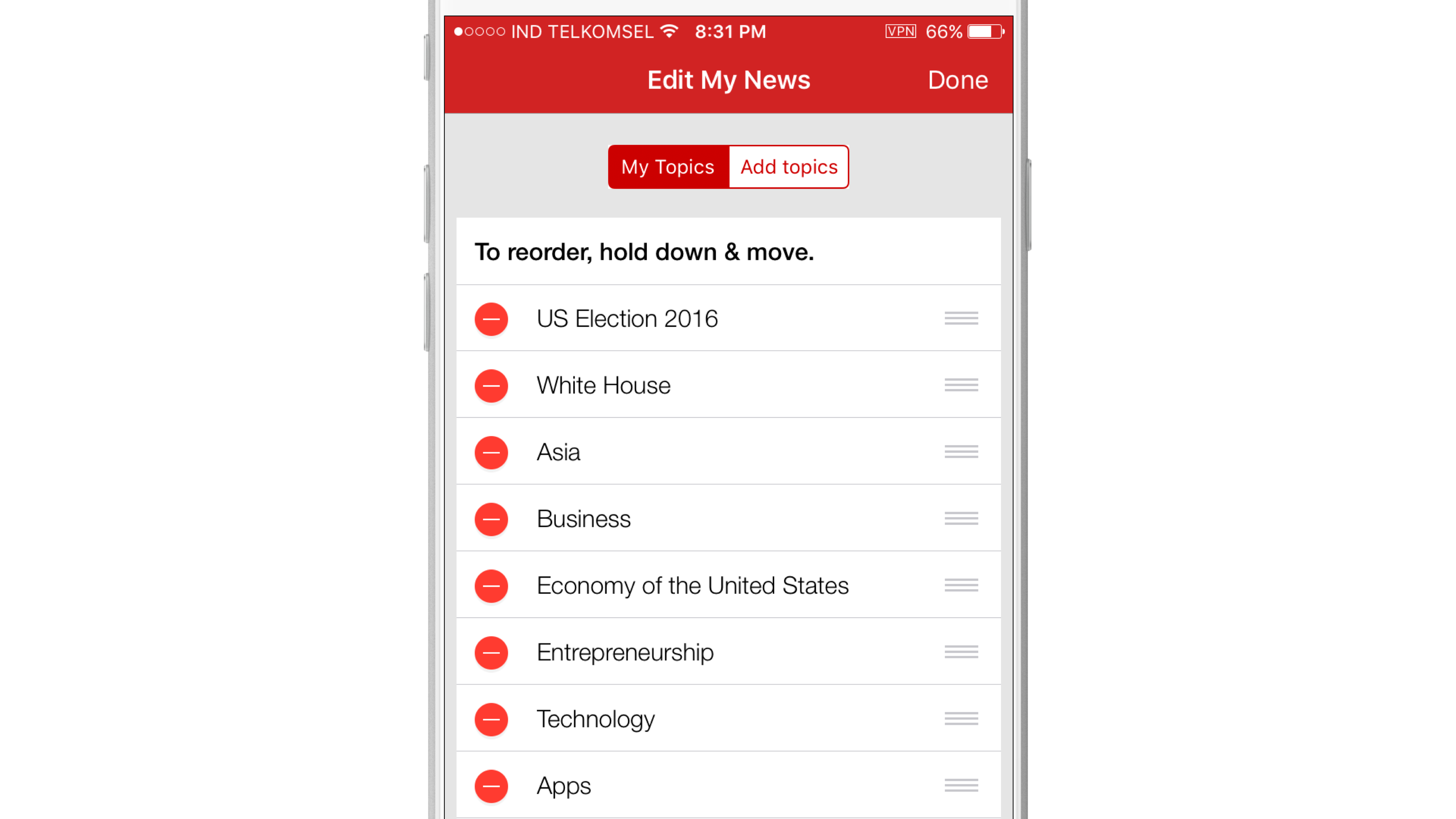 A smartphone screen displaying the "Edit My News" section with a list of topics including "US Election 2016," "White House," and "Technology." Options to reorder topics are indicated by drag-and-drop icons.