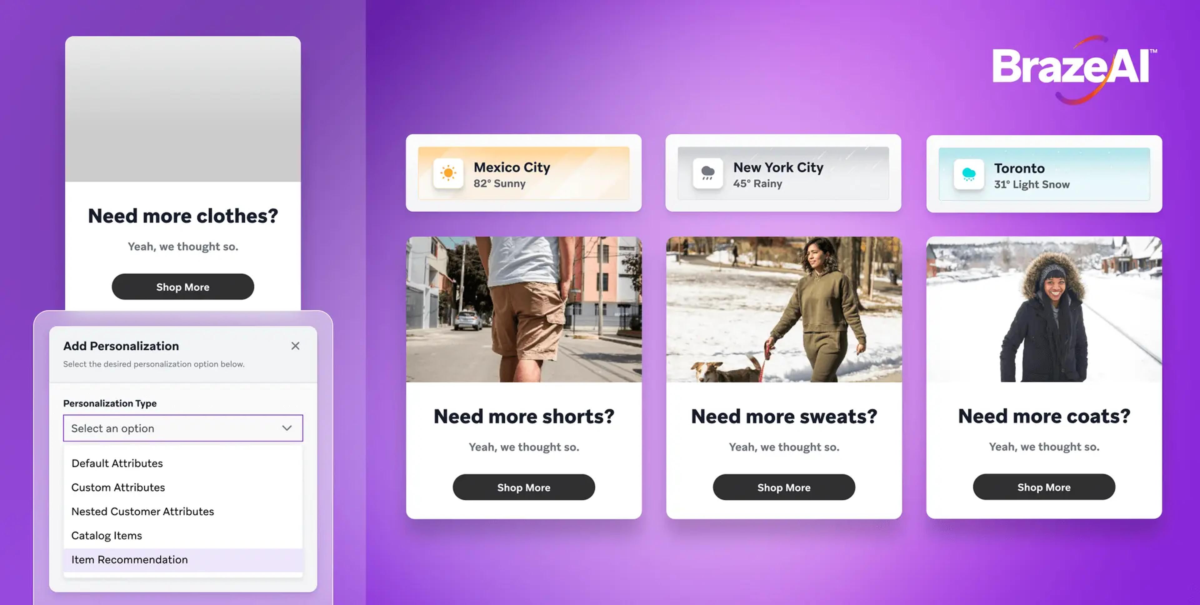 BrazeAI interface showing weather-based clothing recommendations for Mexico City, New York City, and Toronto, with personalization settings.