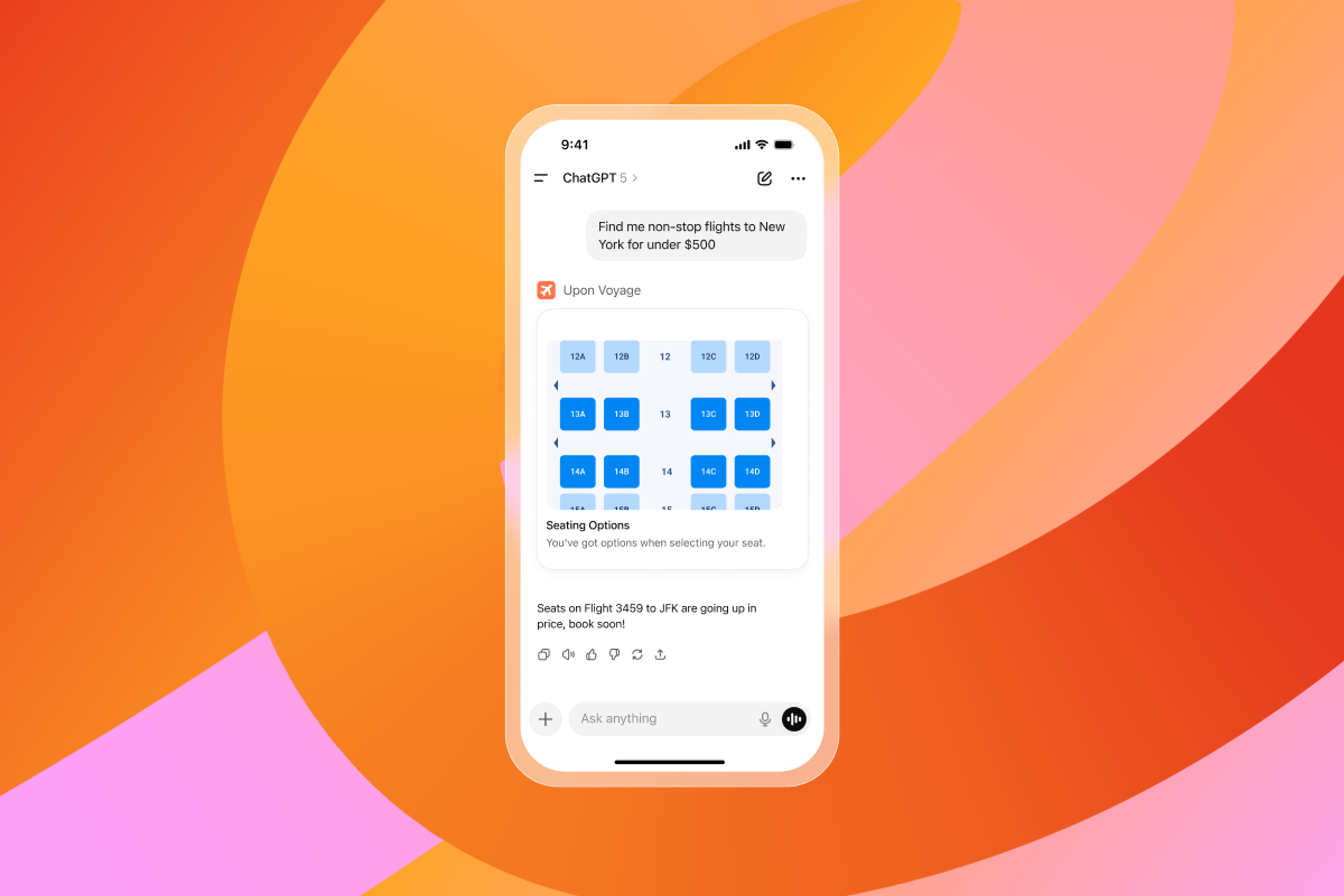 A smartphone displays the ChatGPT app with flight search results, showing an airplane seating chart and a warning that seats are going up in price.