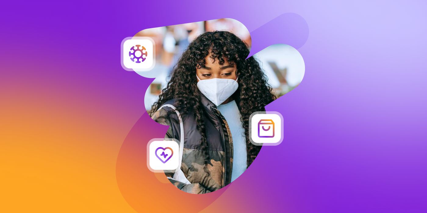 A woman with curly hair wearing a face mask with digital icons around her to indicate a digital experience