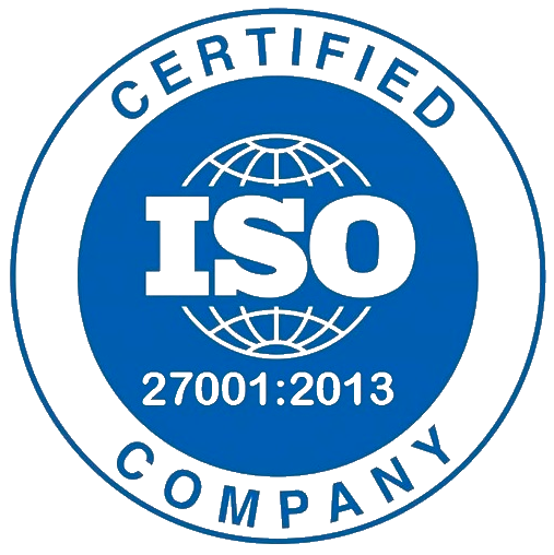 a blue and white iso certified company logo