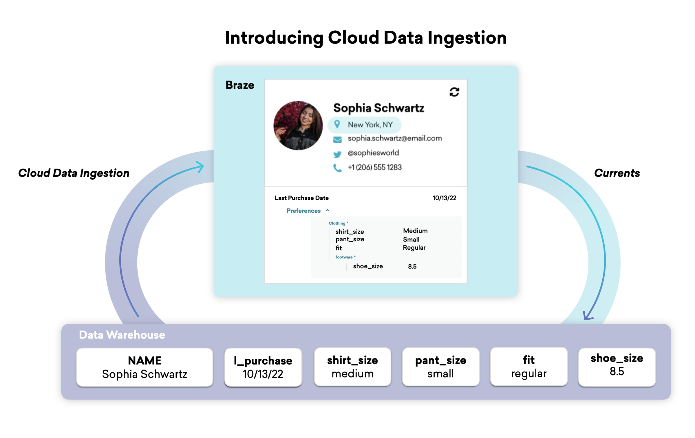 A graphic introducing Cloud Data Ingestion, featuring a user profile for Sophia Schwartz with contact details and preferences, along with a flowchart showing data integration from a data warehouse.