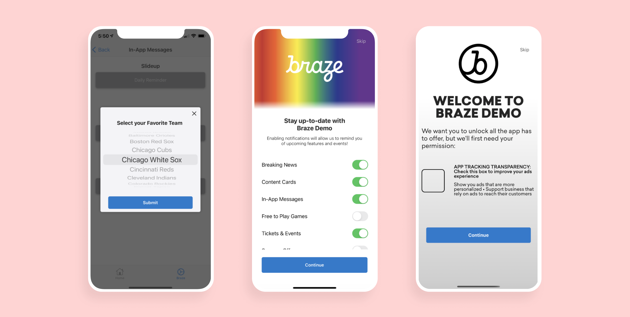 Screenshots of a mobile app interface featuring options for selecting a favorite team, notifications settings, and a welcome screen for a demo app. The background is a light pink color.