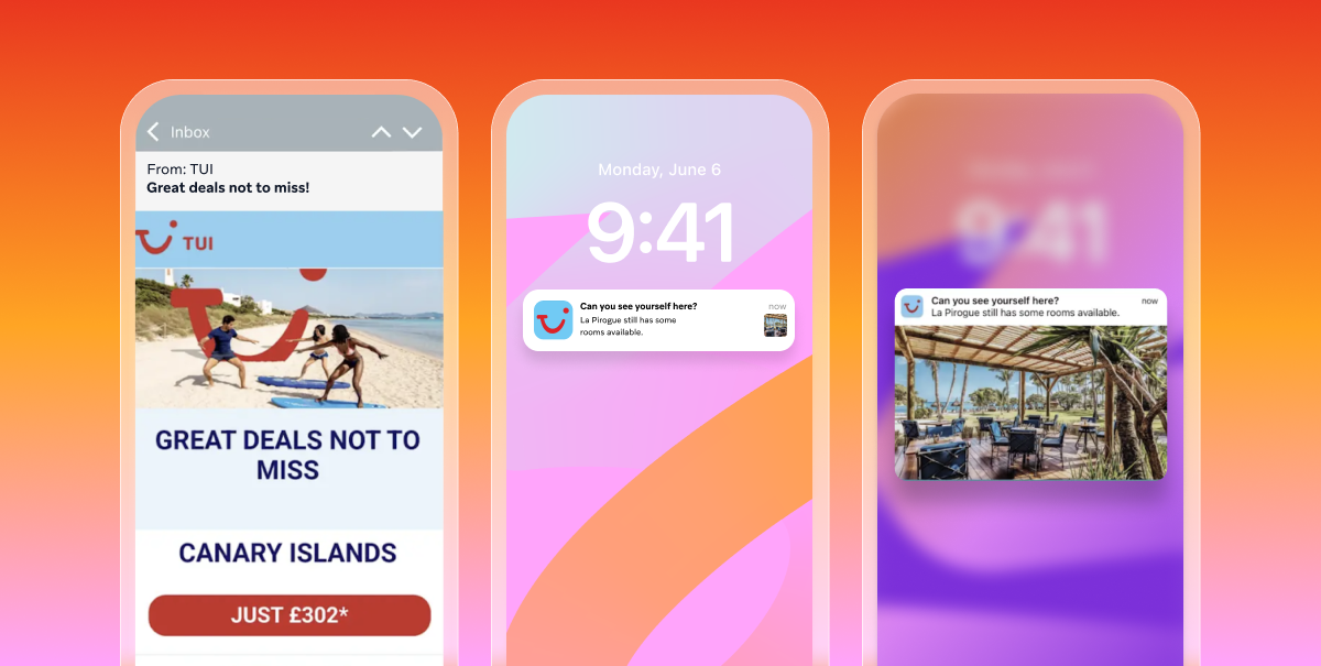 Three smartphone screens displaying notifications and messages from TUI about travel deals to the Canary Islands, with vibrant orange and pink backgrounds.