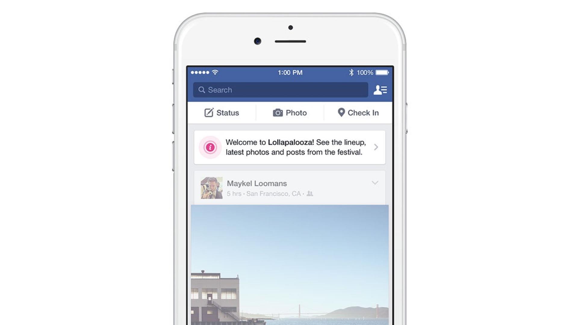 A smartphone displaying a Facebook interface with a post about Lollapalooza festival updates and a photo from a user.