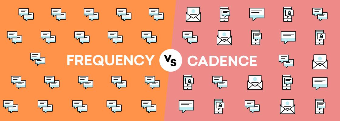A split image comparing "Frequency" and "Cadence," with icons of speech bubbles and emails on orange and pink backgrounds. The words "FREQUENCY Vs CADENCE" are prominently displayed in the center.
