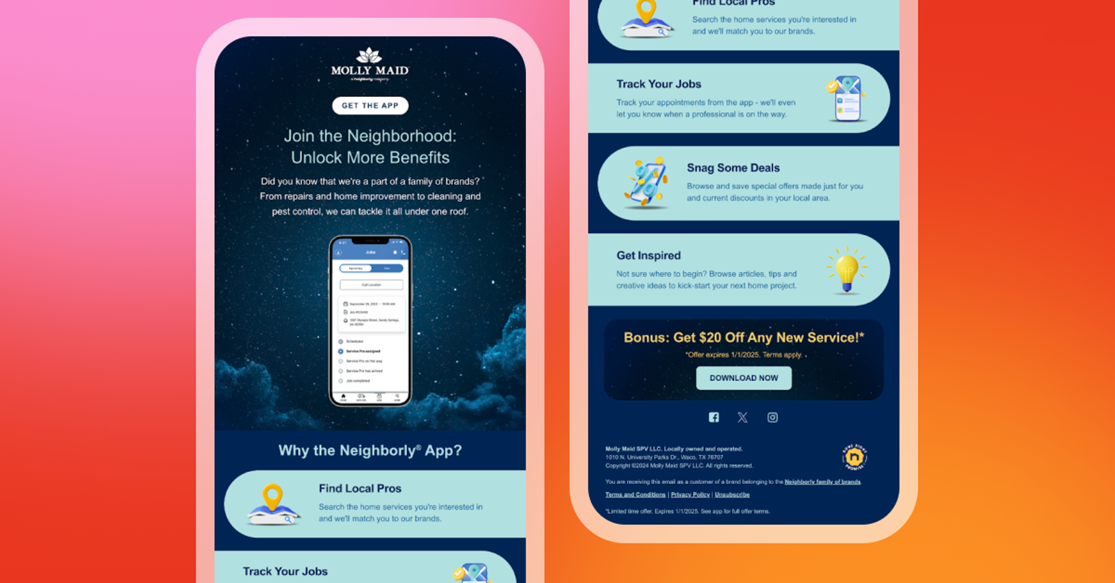 A promotional graphic for the "Neighborhood" app by Molly Maid, featuring a smartphone displaying app features and benefits. The design includes vibrant colors and text encouraging users to join and unlock benefits.