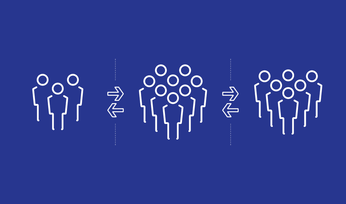 three sets of illustrations of a group of people