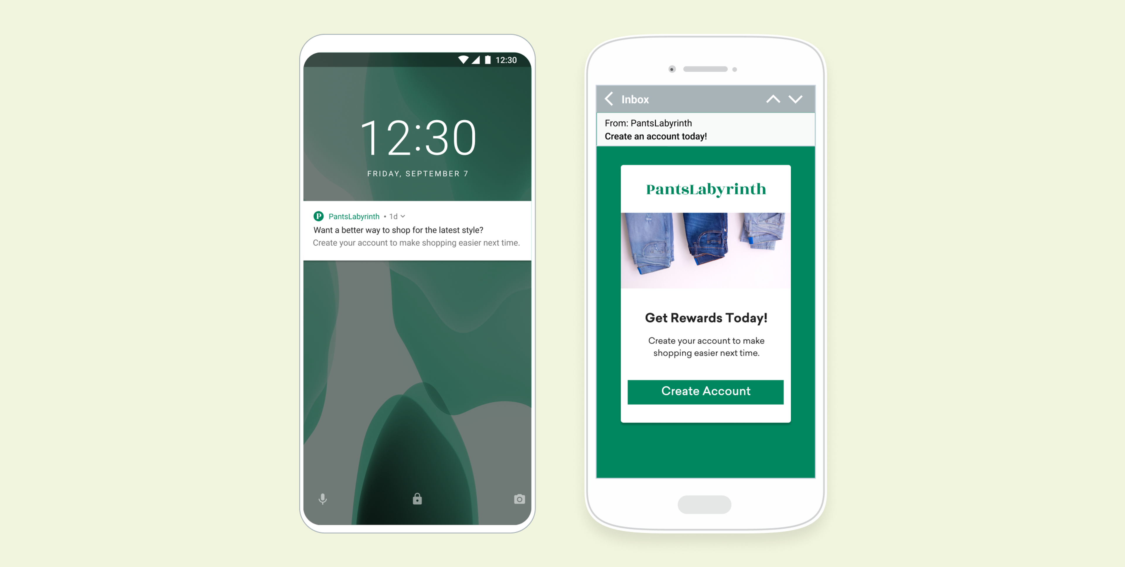 スマートフォンの画面に通知とメールが表示されています。左側には時間と通知、右側にはアカウント作成の案内があります。