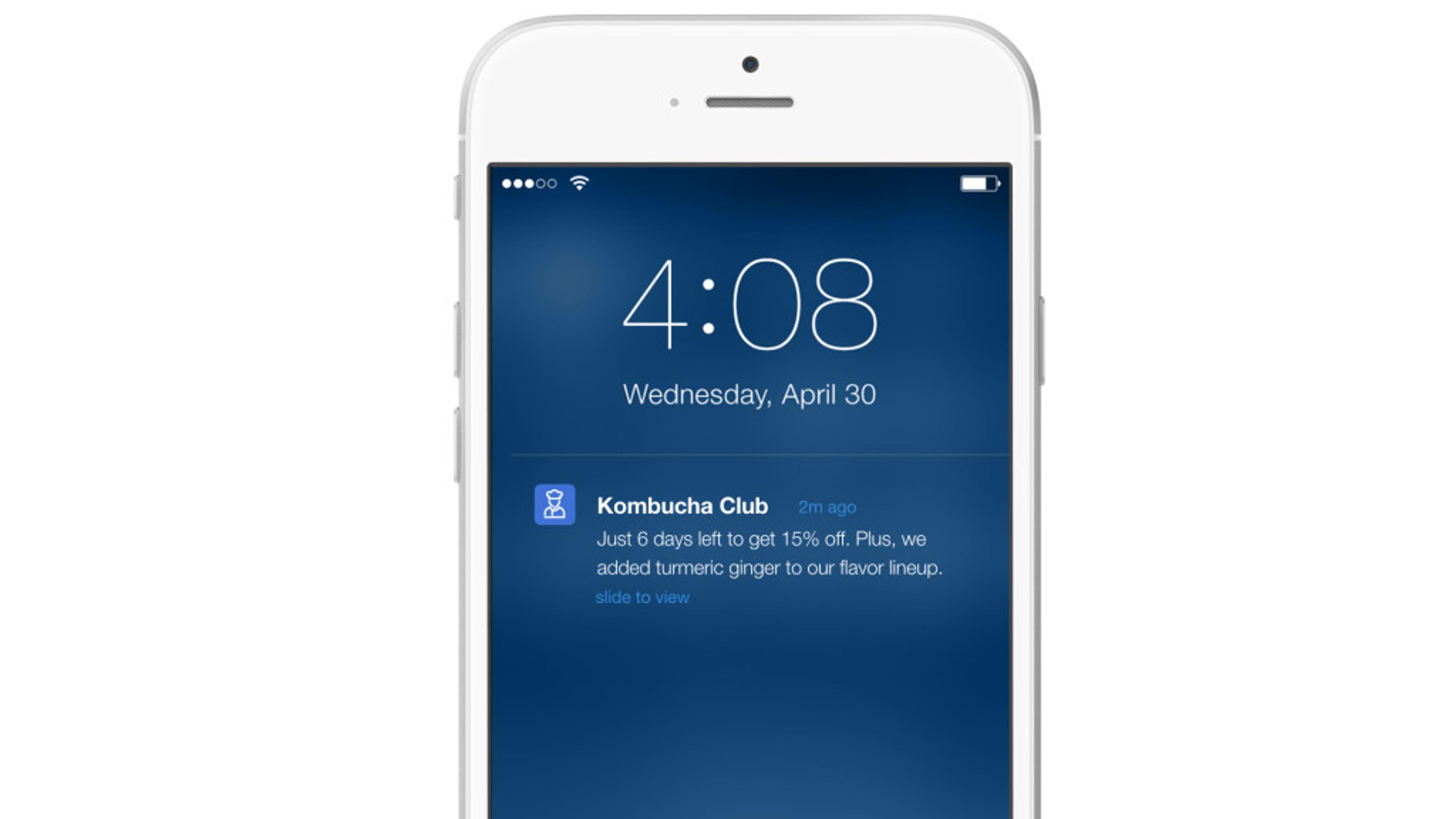 A smartphone screen displaying a notification from Kombucha Club about a promotion and a new flavor addition. The time is 4:08 PM on Wednesday, April 30.