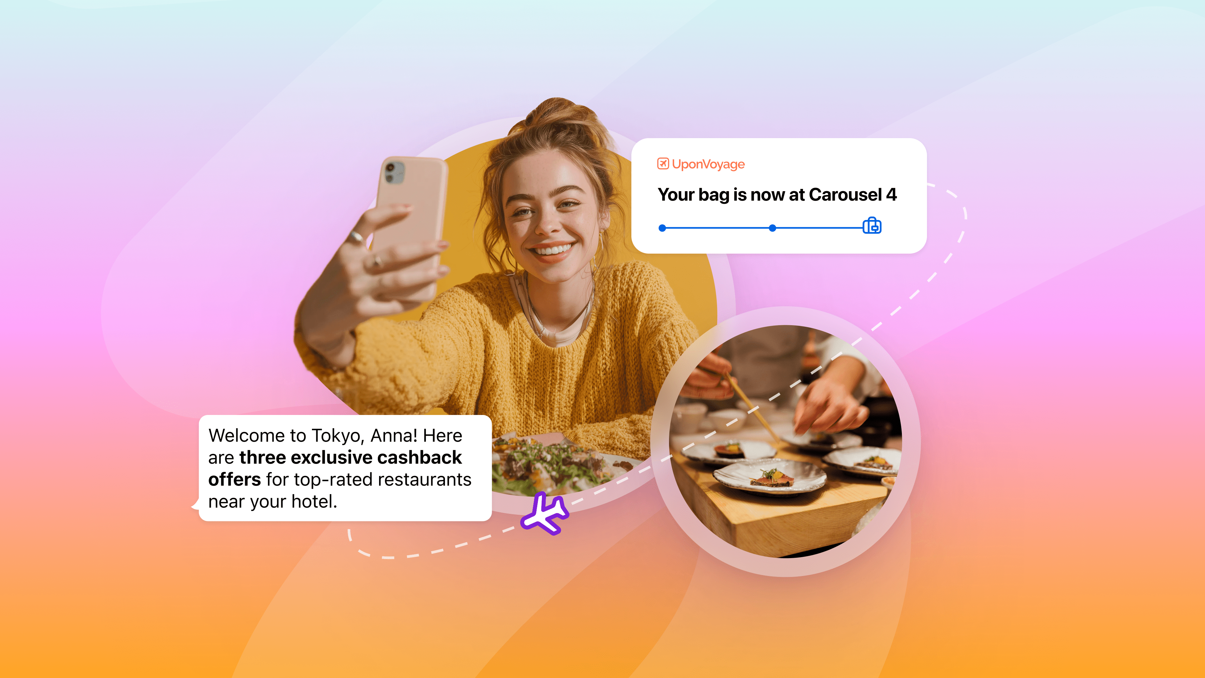 A smiling woman taking a selfie, with digital notifications for a 'Carousel 4' bag update and 'exclusive cashback offers' in Tokyo. An inset shows a chef plating food.