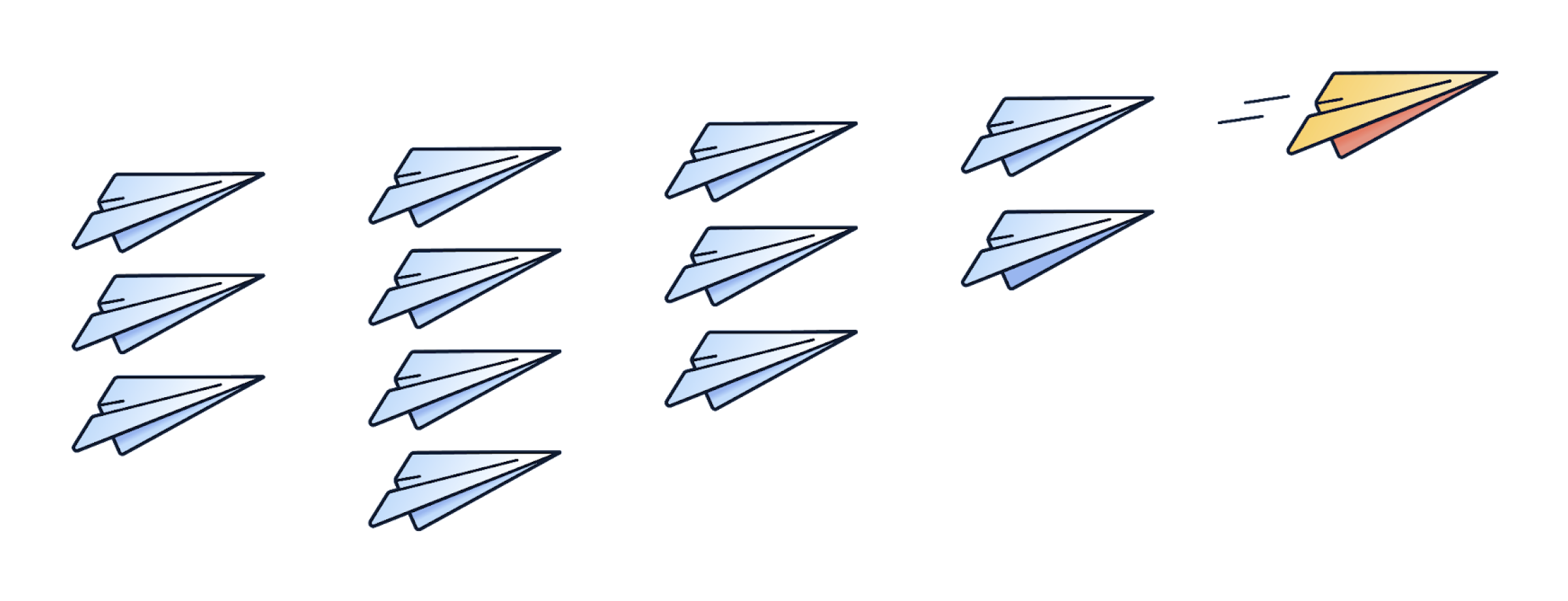 A group of light blue paper airplanes with one orange paper airplane leading the way.