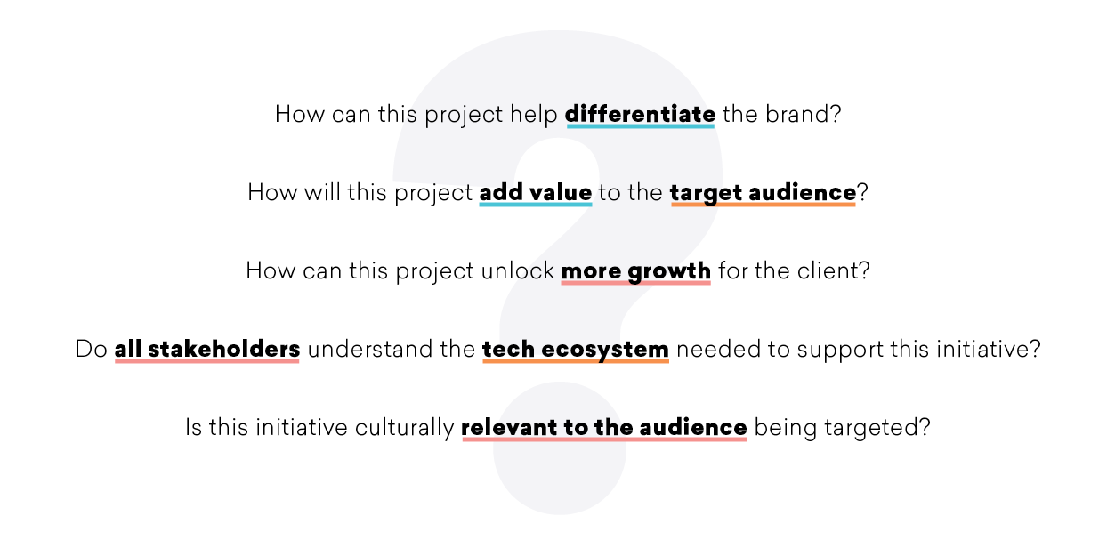 A series of questions related to a project’s impact on branding, audience value, growth, stakeholder understanding, tech ecosystem, and cultural relevance. The text is highlighted in different colors for emphasis.