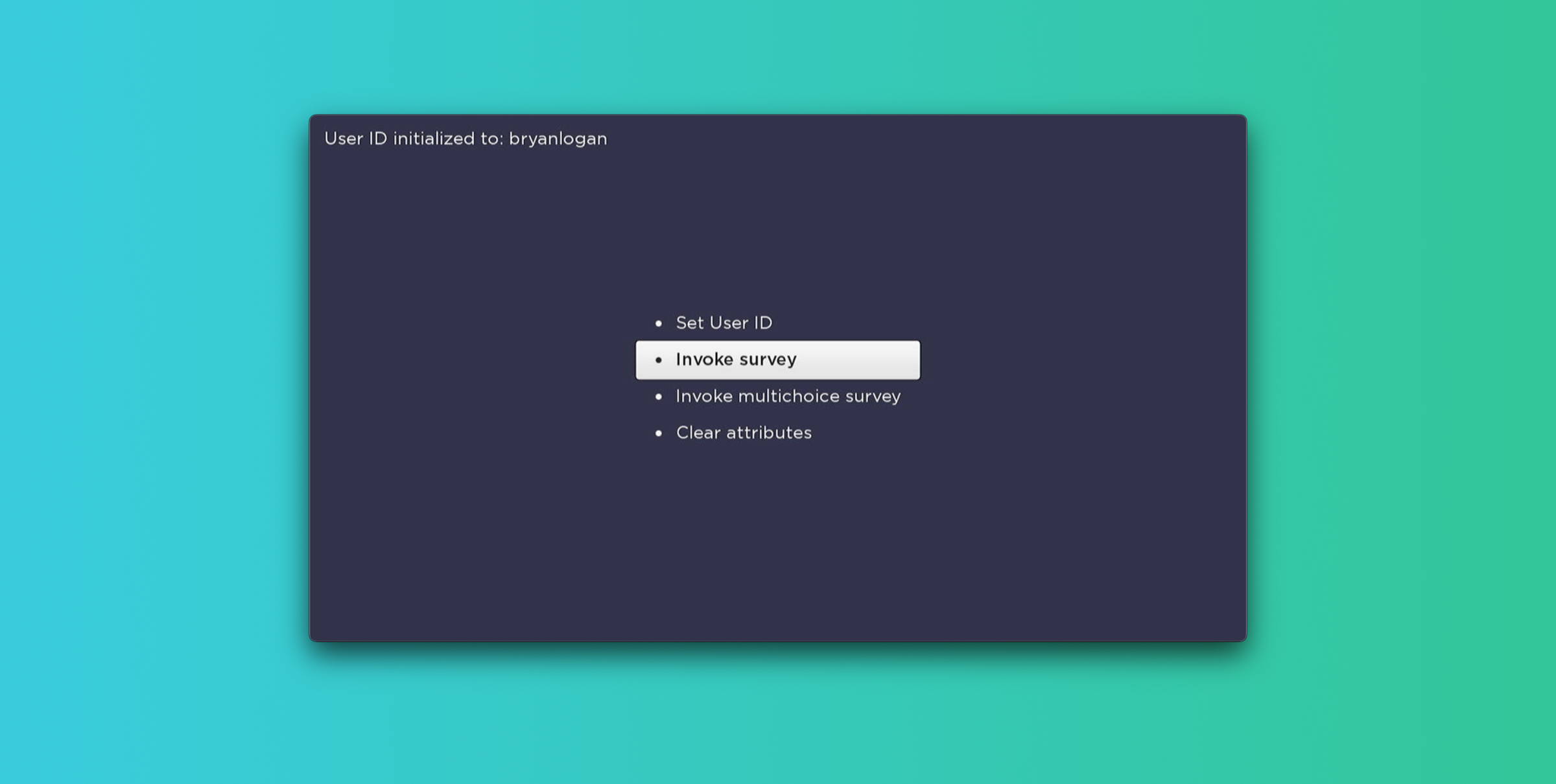 A user interface displaying options for setting a user ID and invoking surveys. The background features a gradient from teal to dark blue.