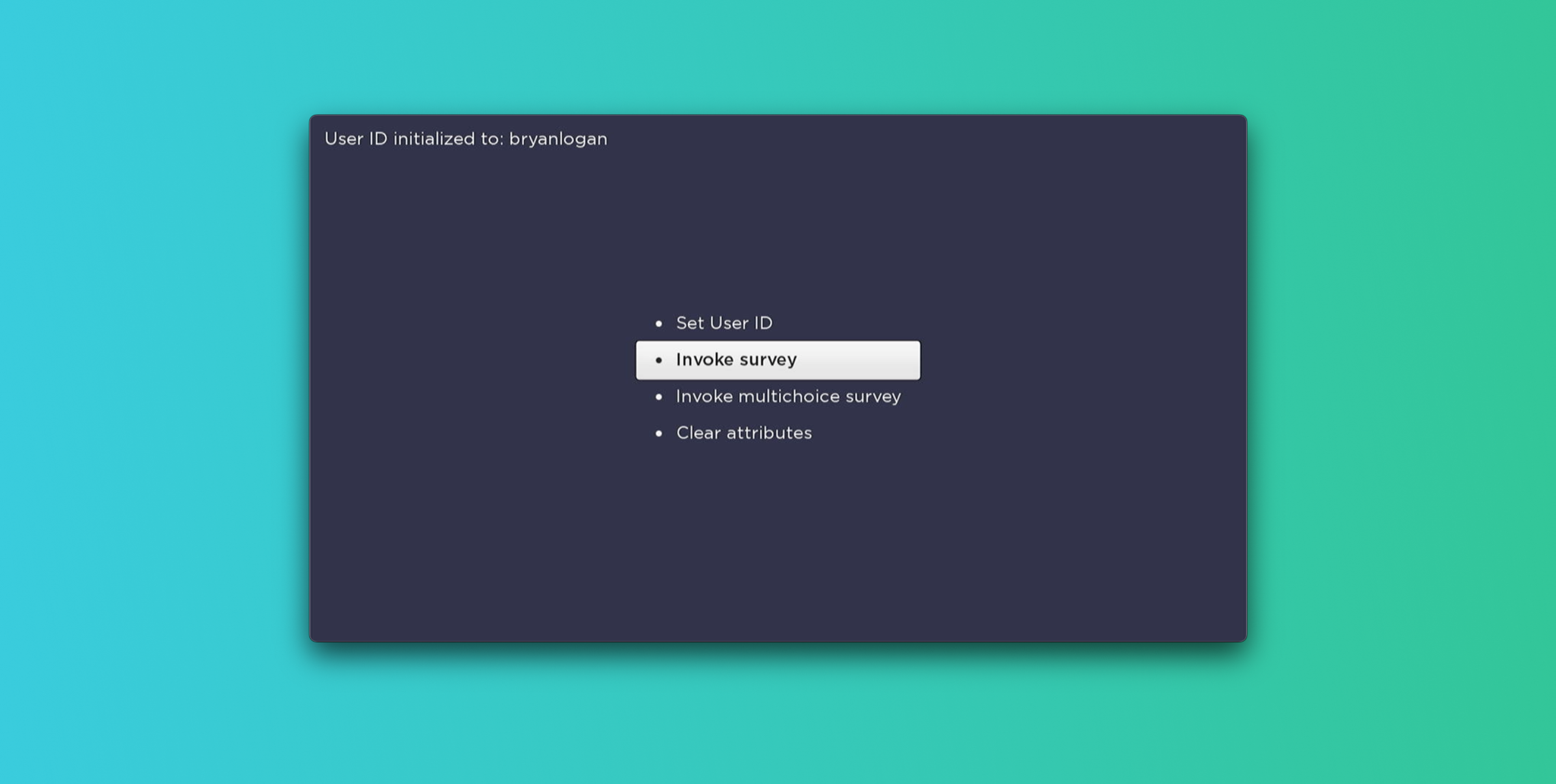 A user interface displaying options for setting a user ID and invoking surveys. The background features a gradient from teal to dark blue.