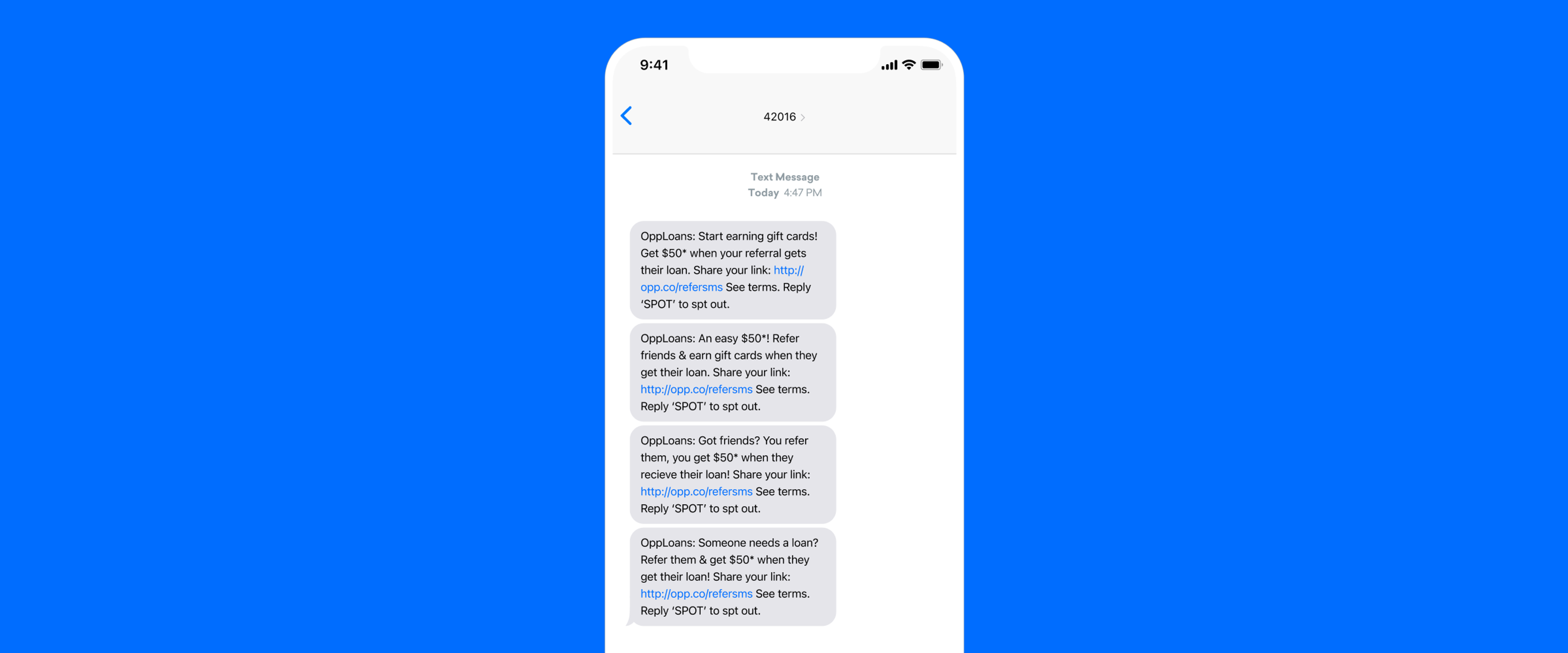A smartphone screen displaying a series of text messages about a card promotion, including instructions to reply with specific keywords for more information. The background is a solid blue color.