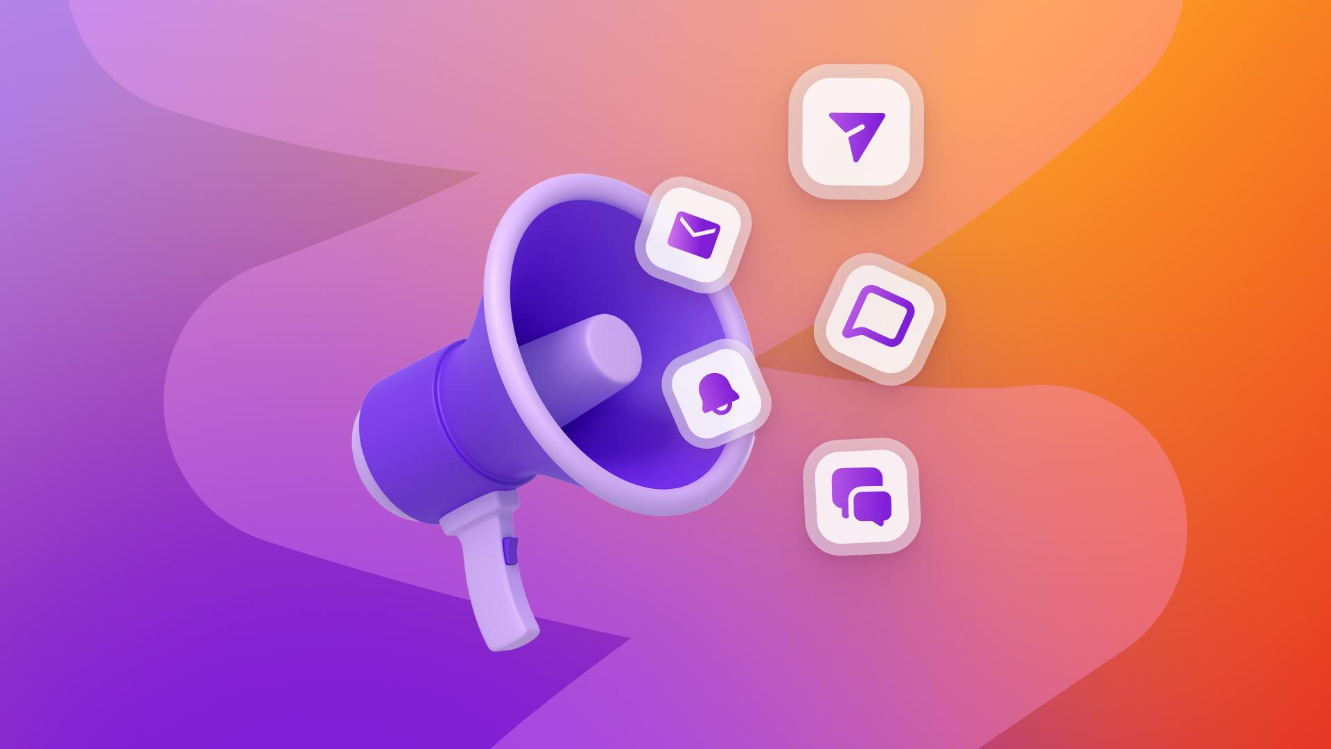 A 3D purple megaphone emitting various communication and notification icons.