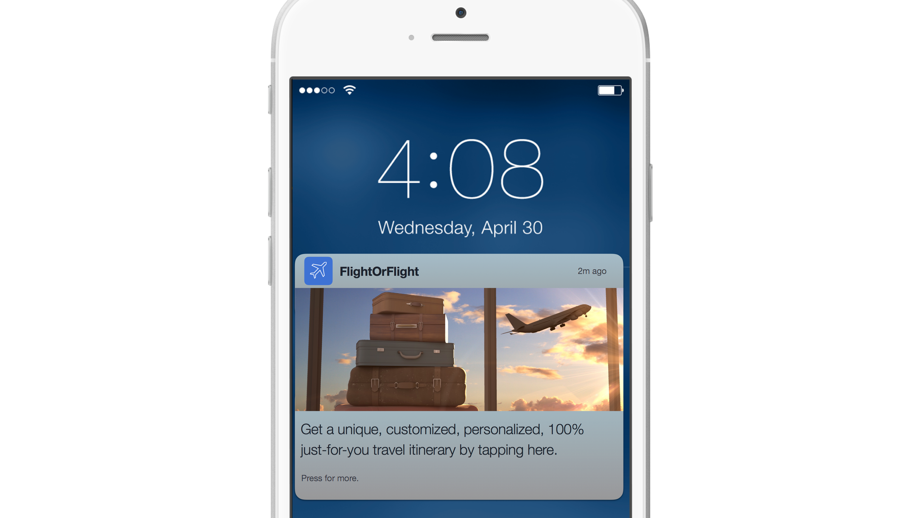 A smartphone screen displaying the time 4:08 on Wednesday, April 30, with a notification about a travel itinerary app featuring an image of stacked luggage and an airplane in the background.
