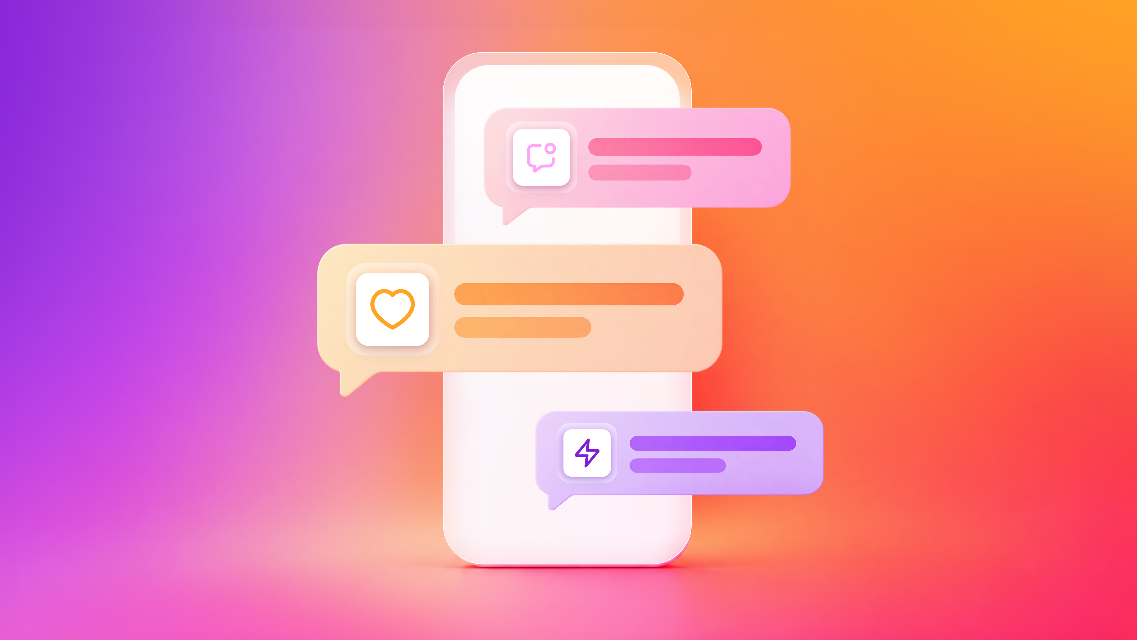 Smartphone with colorful social media notification bubbles on a vibrant purple, pink, and orange gradient background.