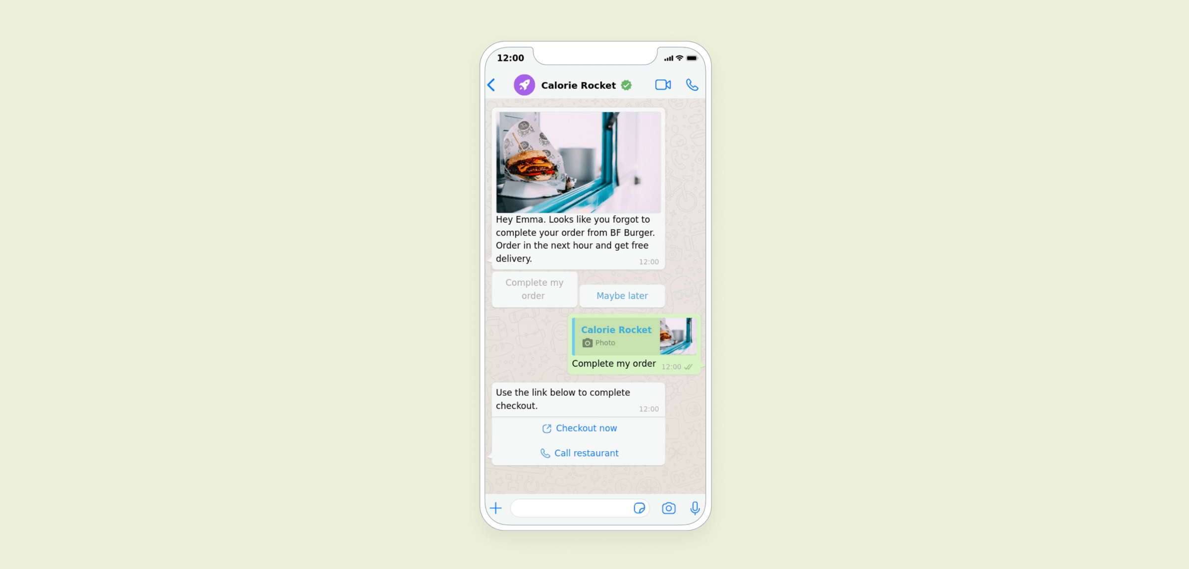 A smartphone screen displaying a WhatsApp conversation about completing a food order. The message includes options to complete the order or check out.