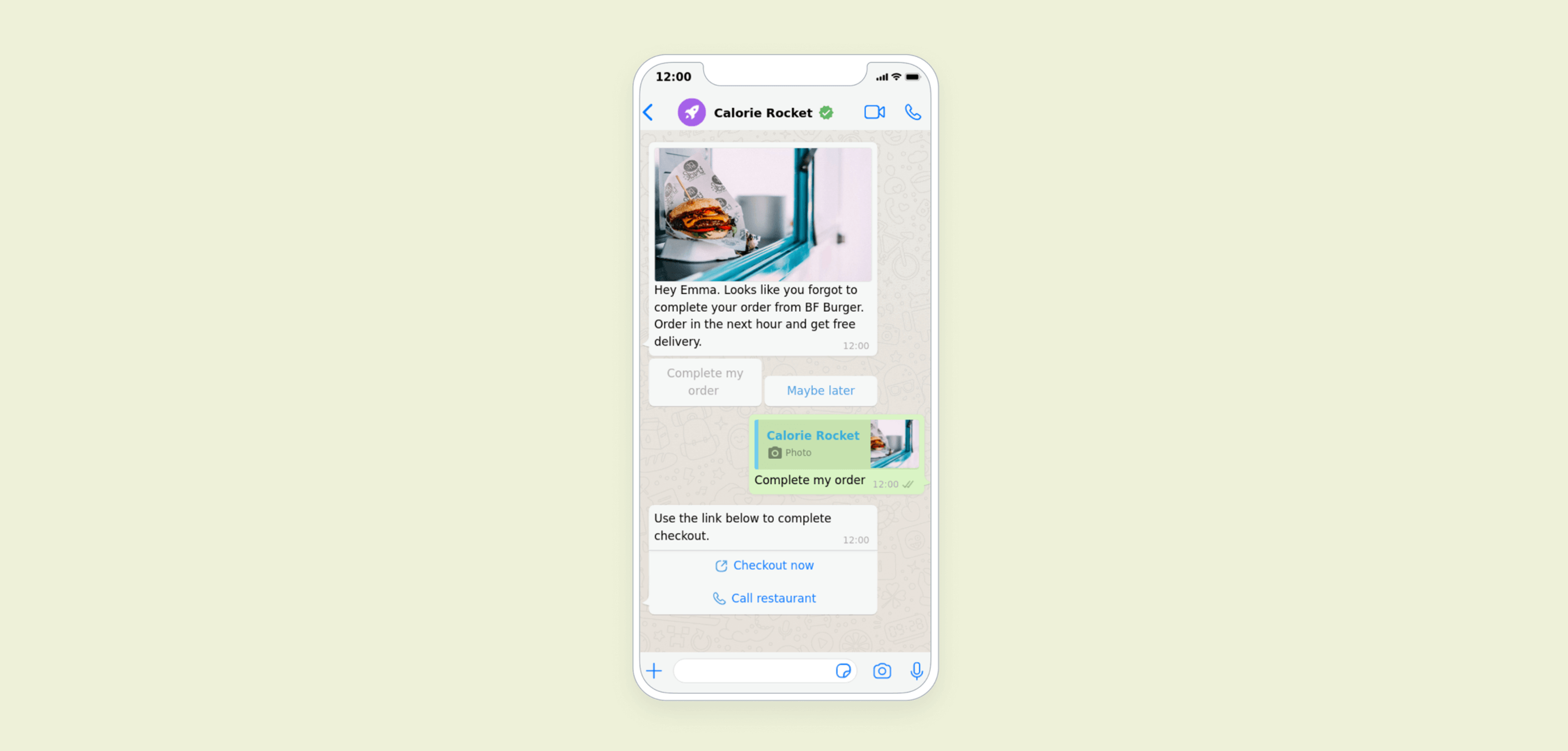 A smartphone screen displaying a WhatsApp conversation about completing a food order. The message includes options to complete the order or check out.