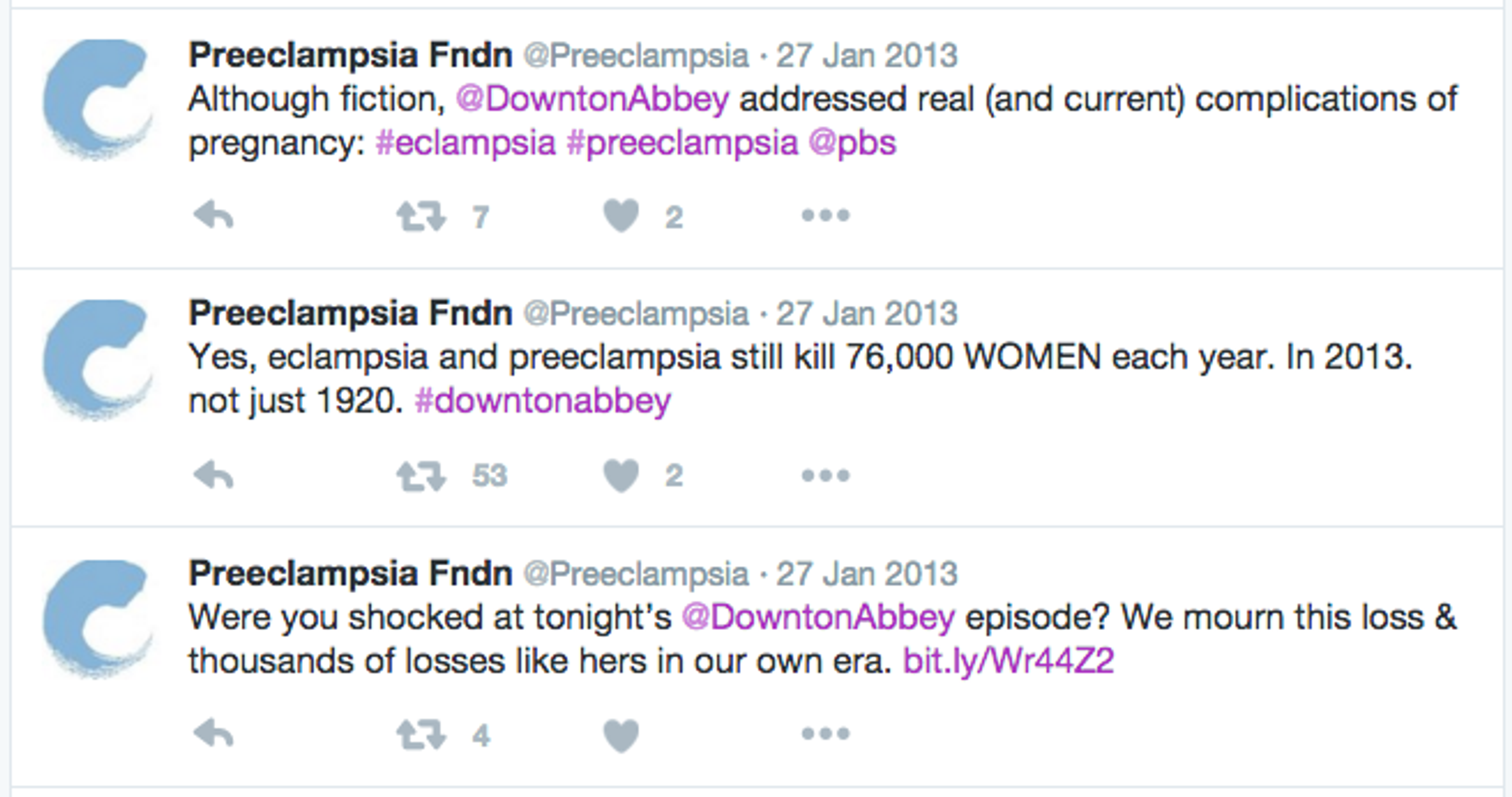 Tweets discussing the portrayal of eclampsia and preeclampsia in the TV show "Downton Abbey," highlighting the real-life impact on women's health.
