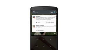 A smartphone screen displaying notifications for messages and a request acceptance. The background shows a blurred image of a person outdoors.