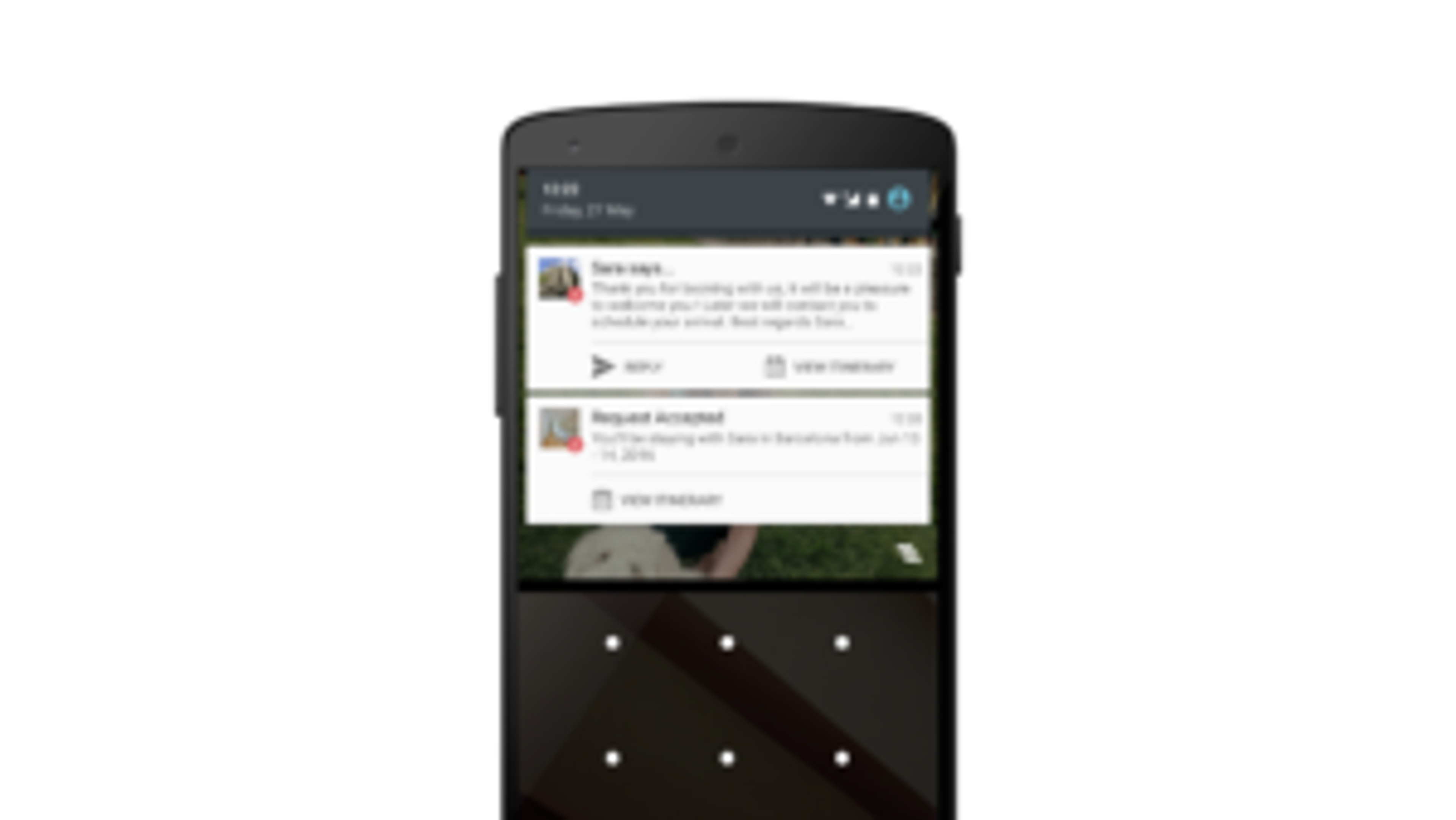 A smartphone screen displaying notifications for messages and a request acceptance. The background shows a blurred image of a person outdoors.