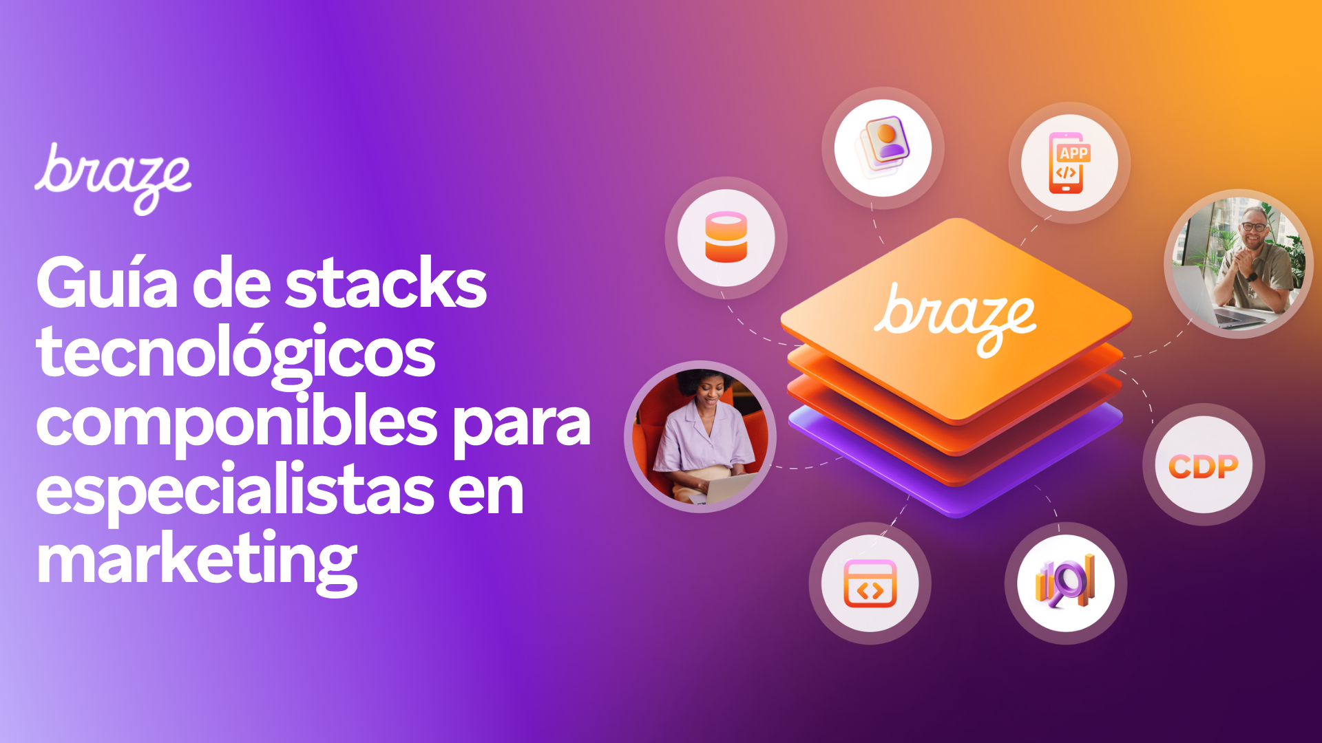 Title: "Guía de stacks tecnológicos componibles para especialistas en marketing" with a diagram showing Braze as the core of a modular marketing technology stack connected to various tools and users.