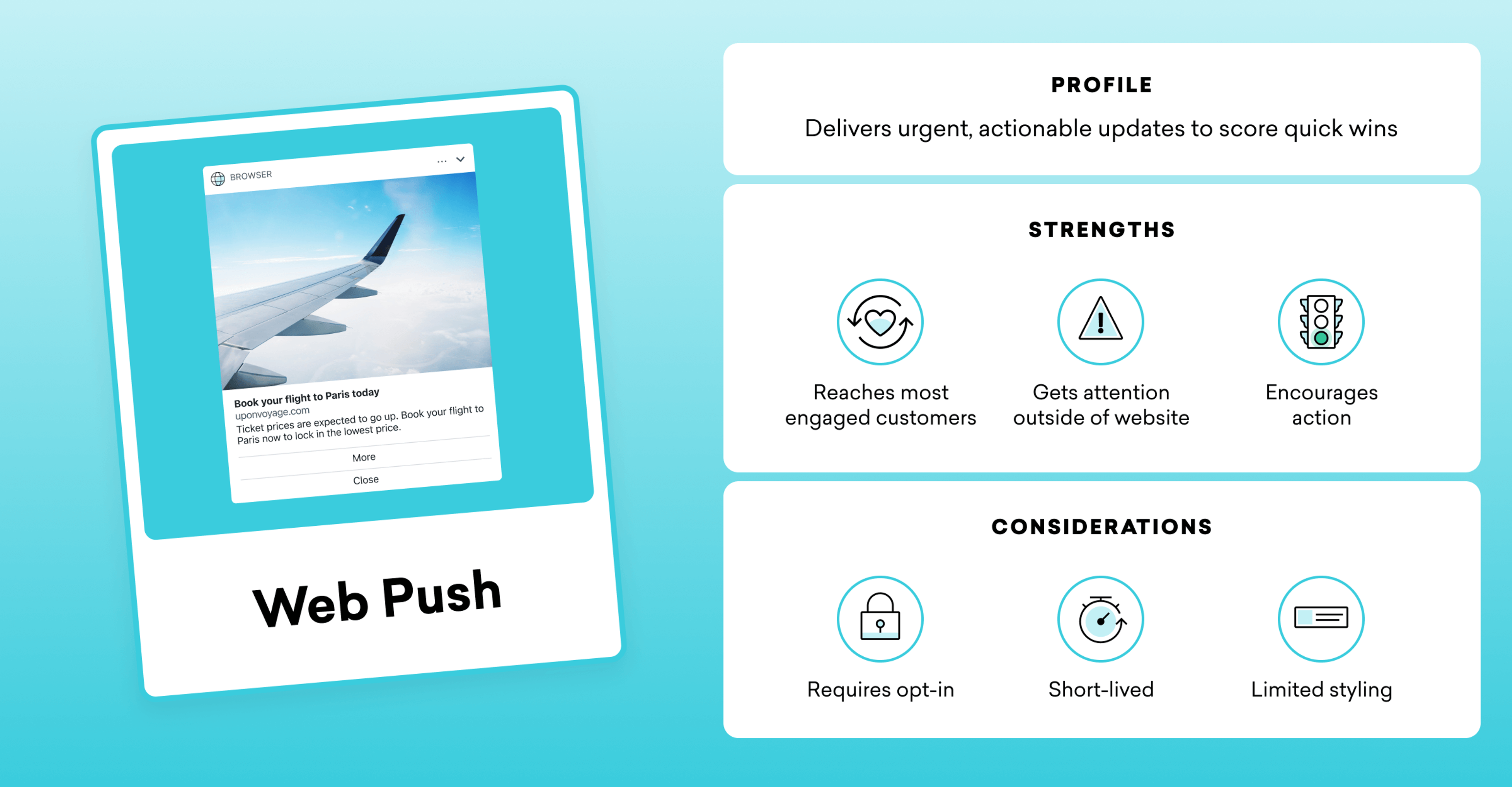 A graphic explaining web push notifications, featuring an image of an airplane wing. It includes sections on profile, strengths, and considerations related to web push marketing.