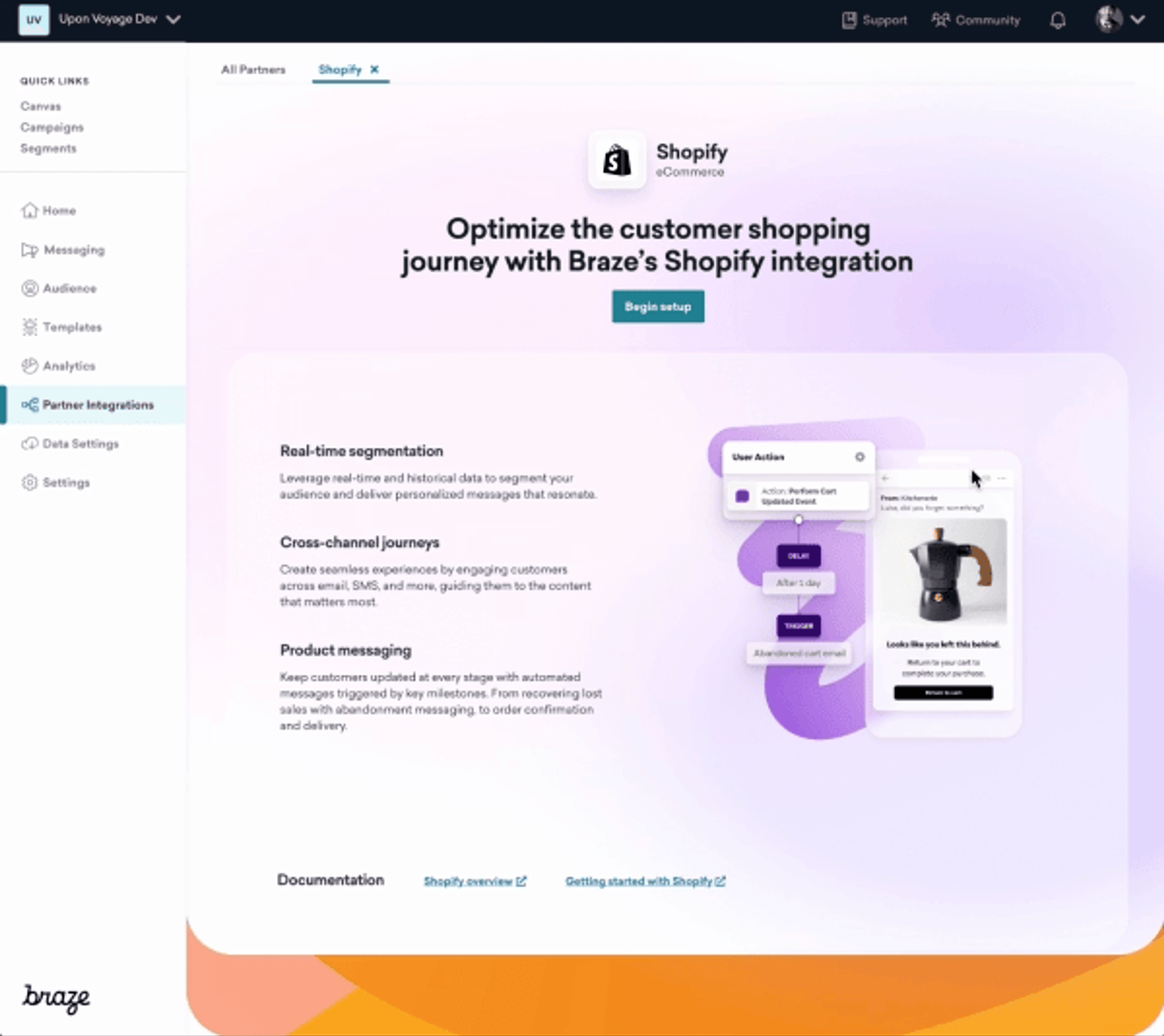 a screenshot of a website that says `` optimize the customer shopping journey with braze 's shopify integration '' 