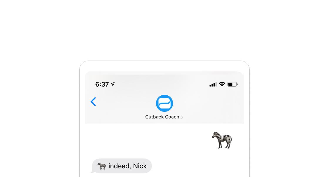 A messaging interface from Cutback Coach showing a conversation with a zebra emoji. The time displayed is 6:37.